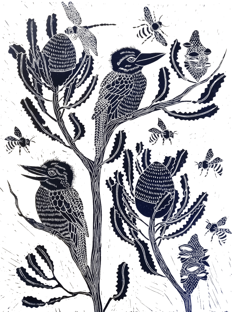 Kookaburra and Banksia Lino Print