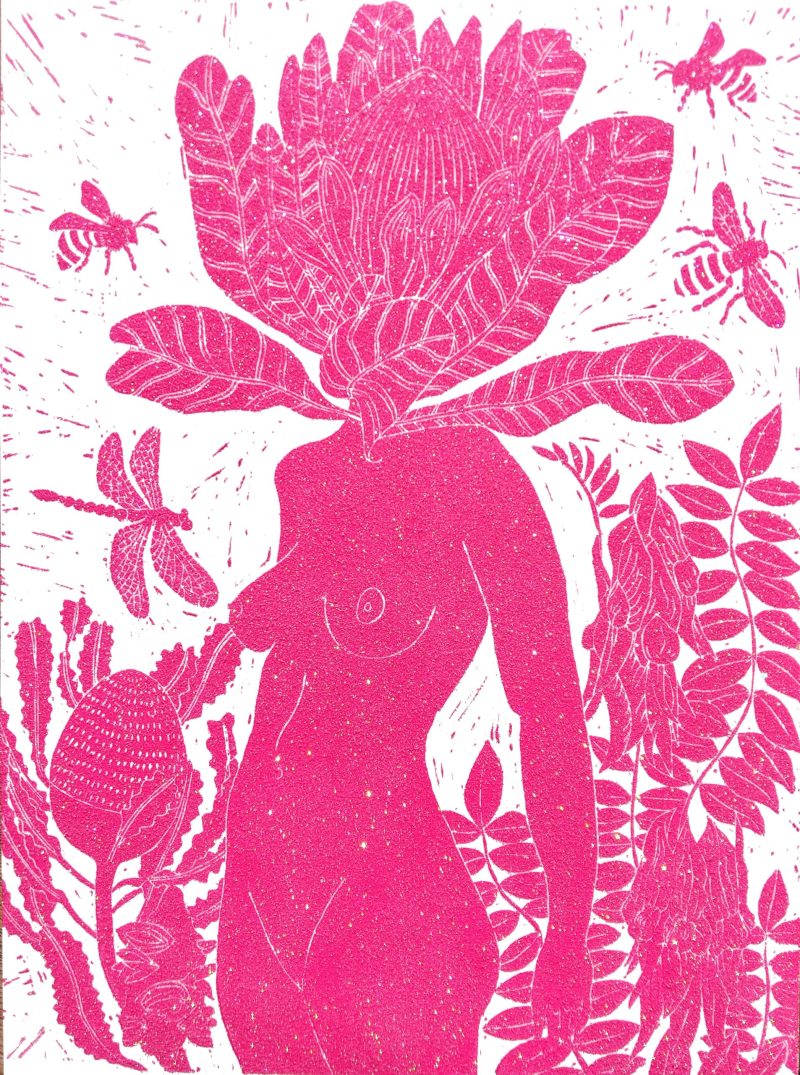 Sparkly Pink Penny Protea Lino print