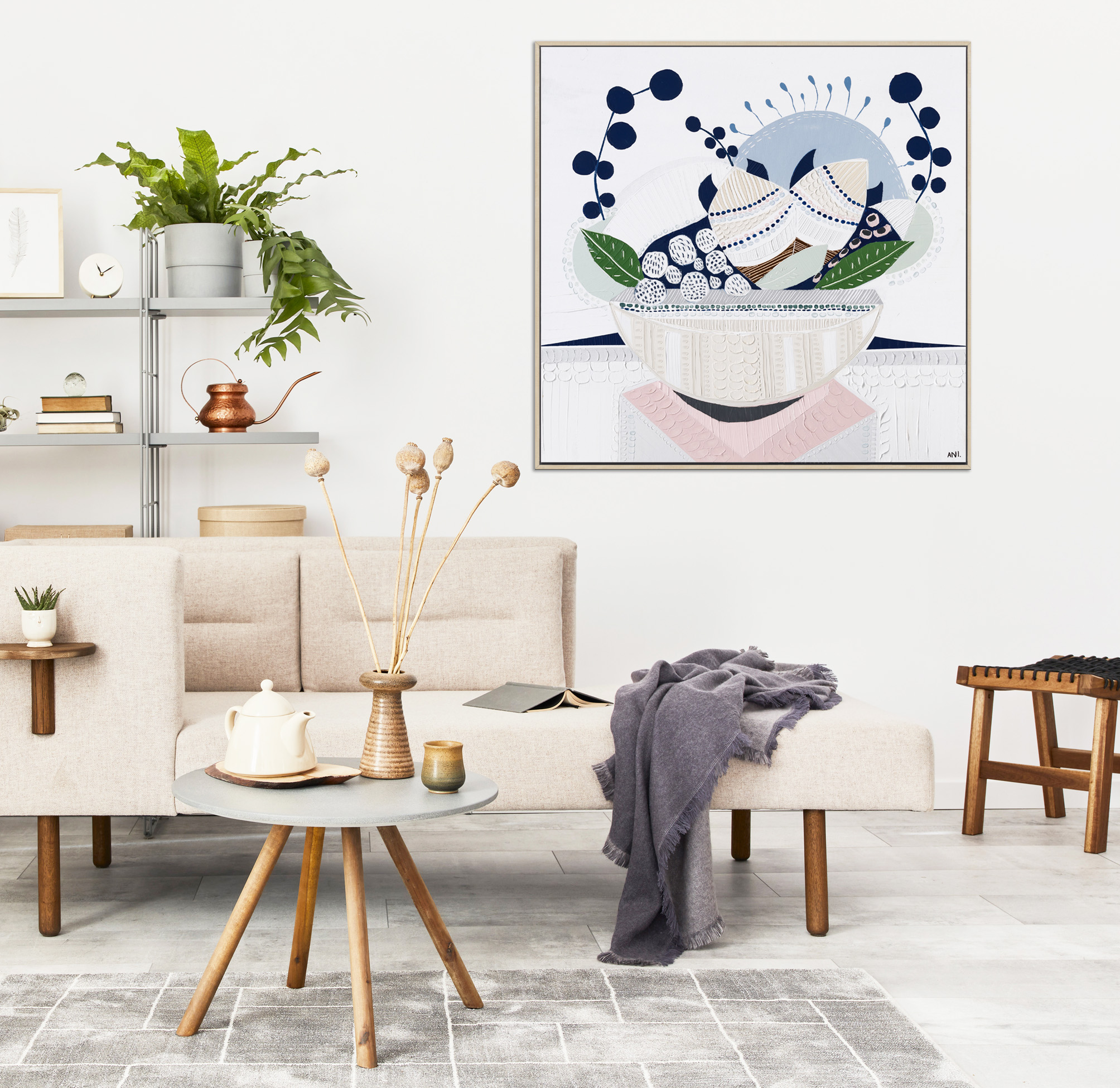 Cozy Interior With Stylish Sofa, Design Coffee Table, Bookcase,