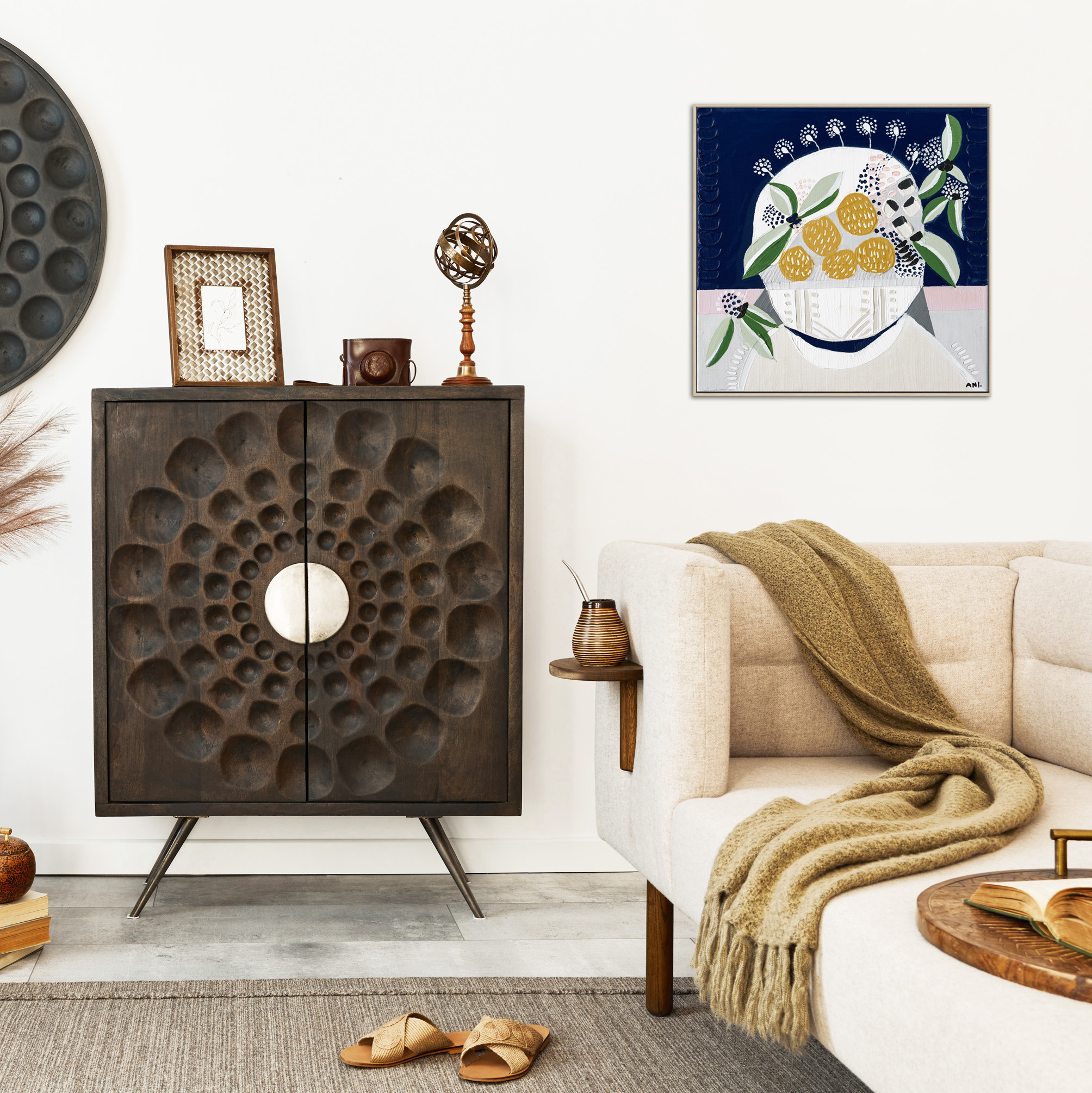 Interior Design Of Ethnic Living Room With Modern Commode, Round