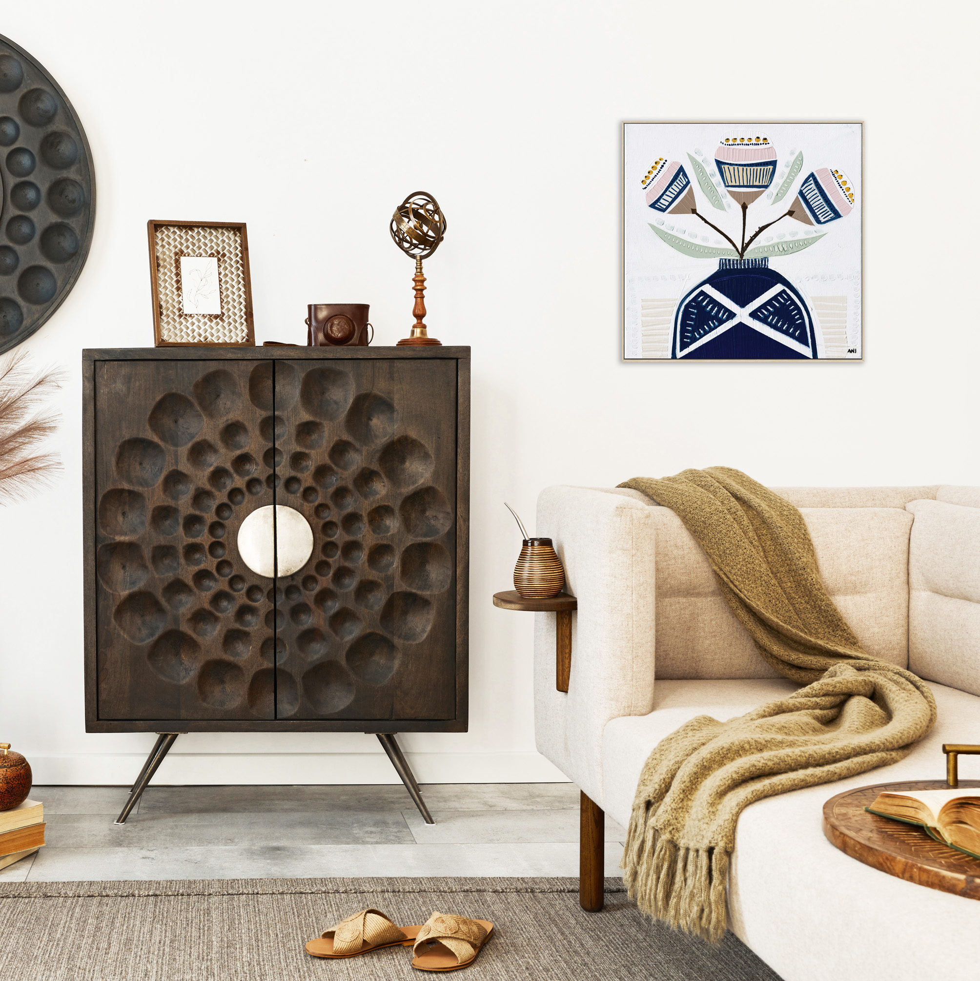 Interior Design Of Ethnic Living Room With Modern Commode, Round