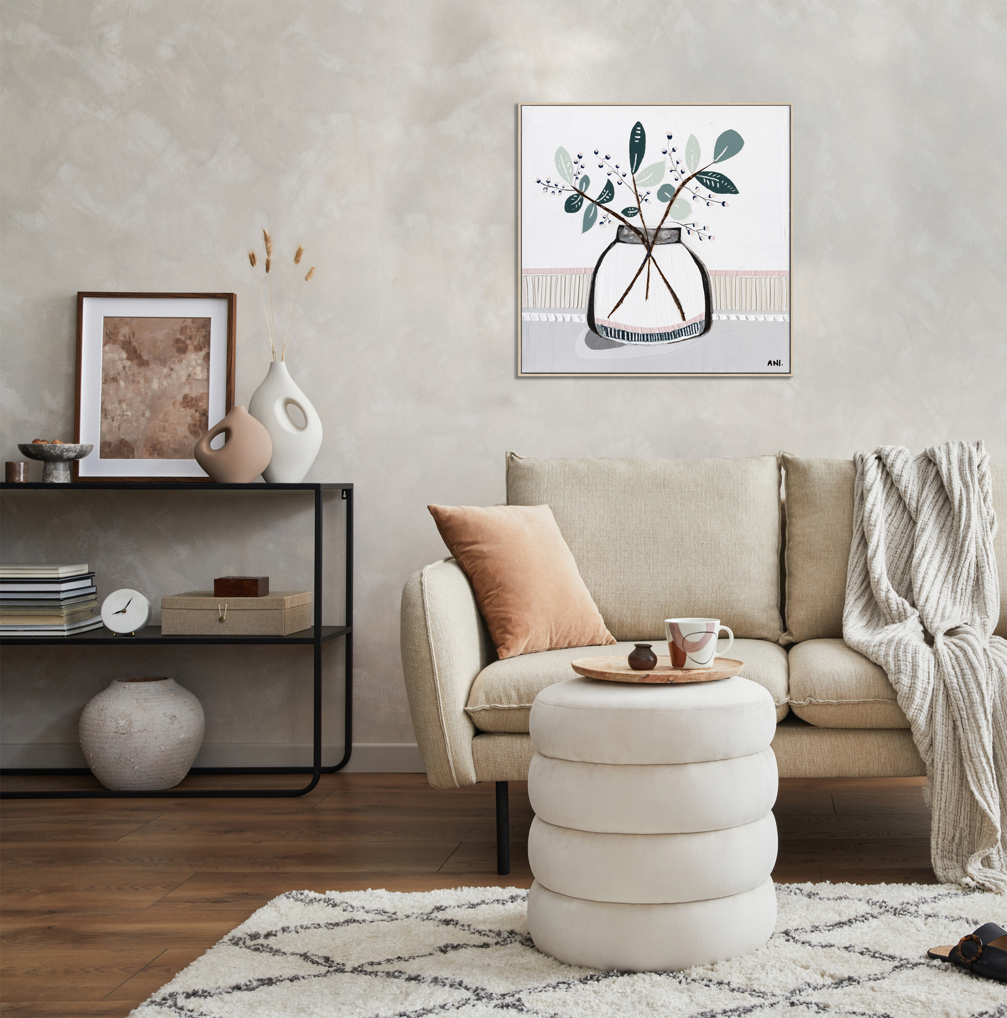 Elegant Living Room Interior Composition With Beige Sofa, Black