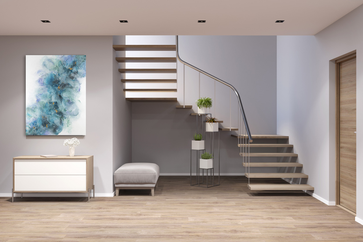 Entrance Hall With Stairs, Picture, Stand, Bench And Plants. Front View