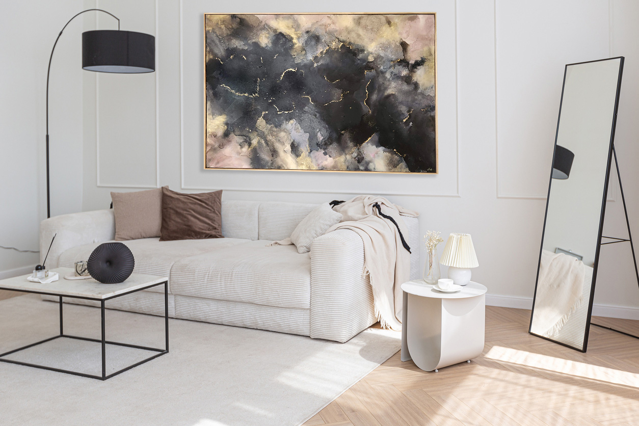 Super White Simple Clean And Stylish Interior With Modern Furniture In Nude Color And Contrasting Black Elements. Luxury Design Of A Large Bright Room Living Room