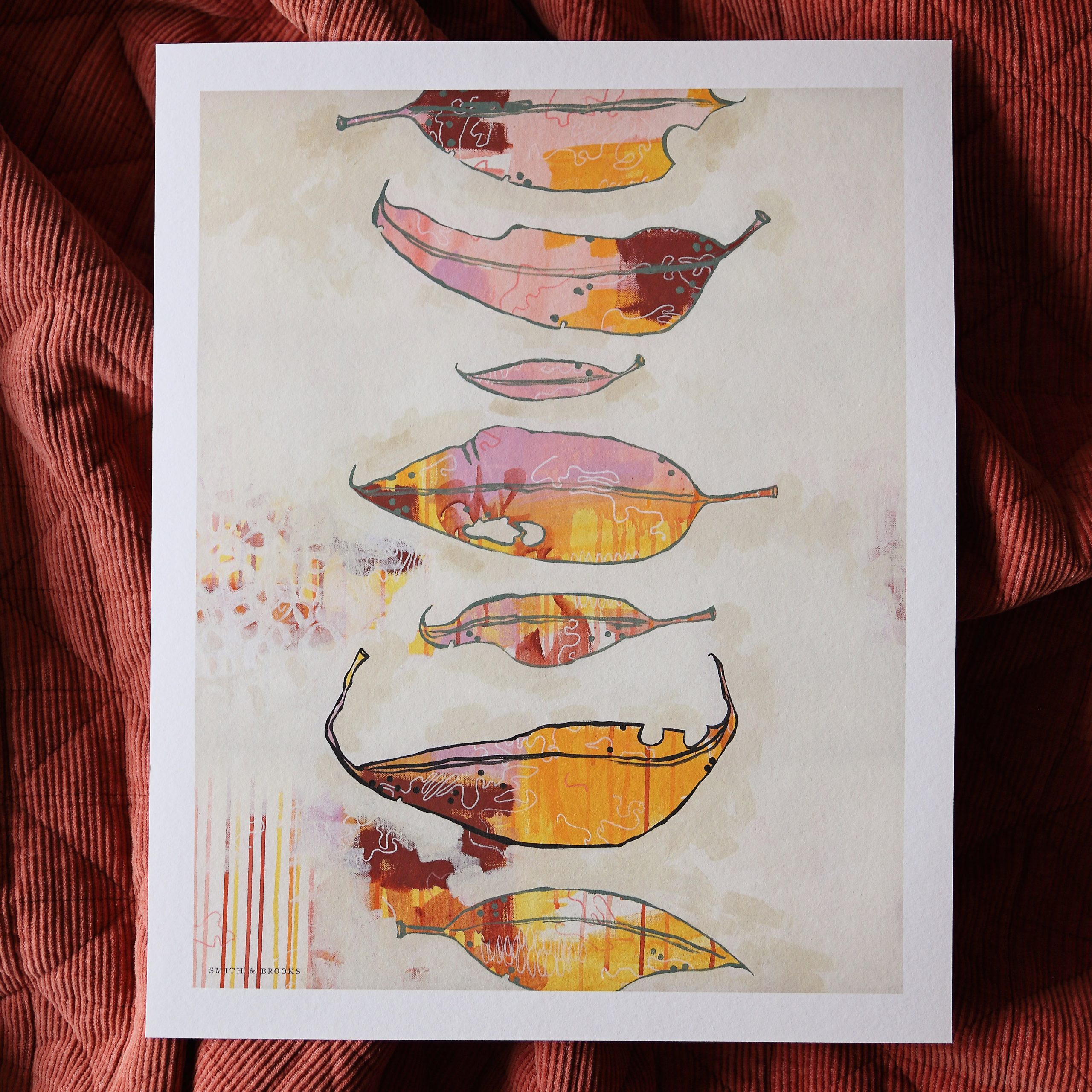 01 Gum Leaf Story Smith And Brooks Art Smith & Brooks Brisbane Artist Buy Art For Your Home Australian Artist Contemporary Australian Art Banksia Art Yellow And Red Art