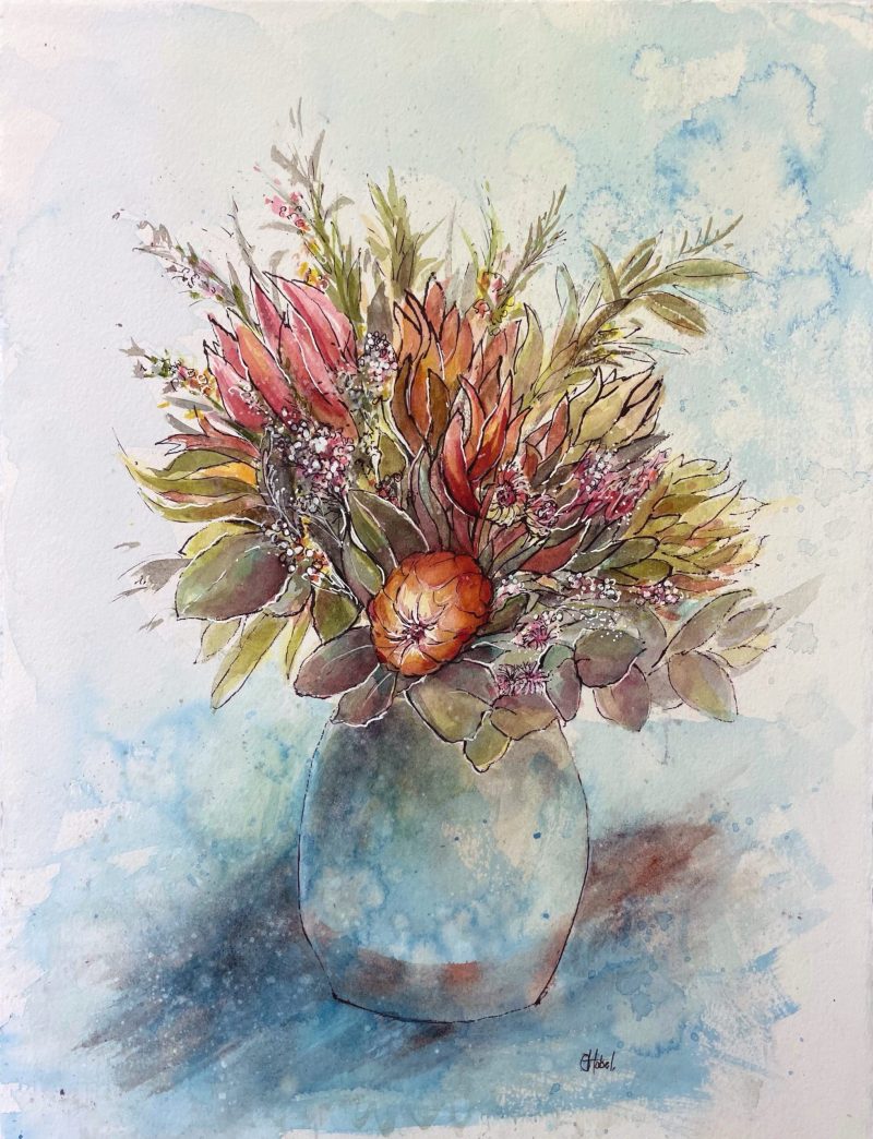 Still Life Australian Native Flowers in A Blue Vase