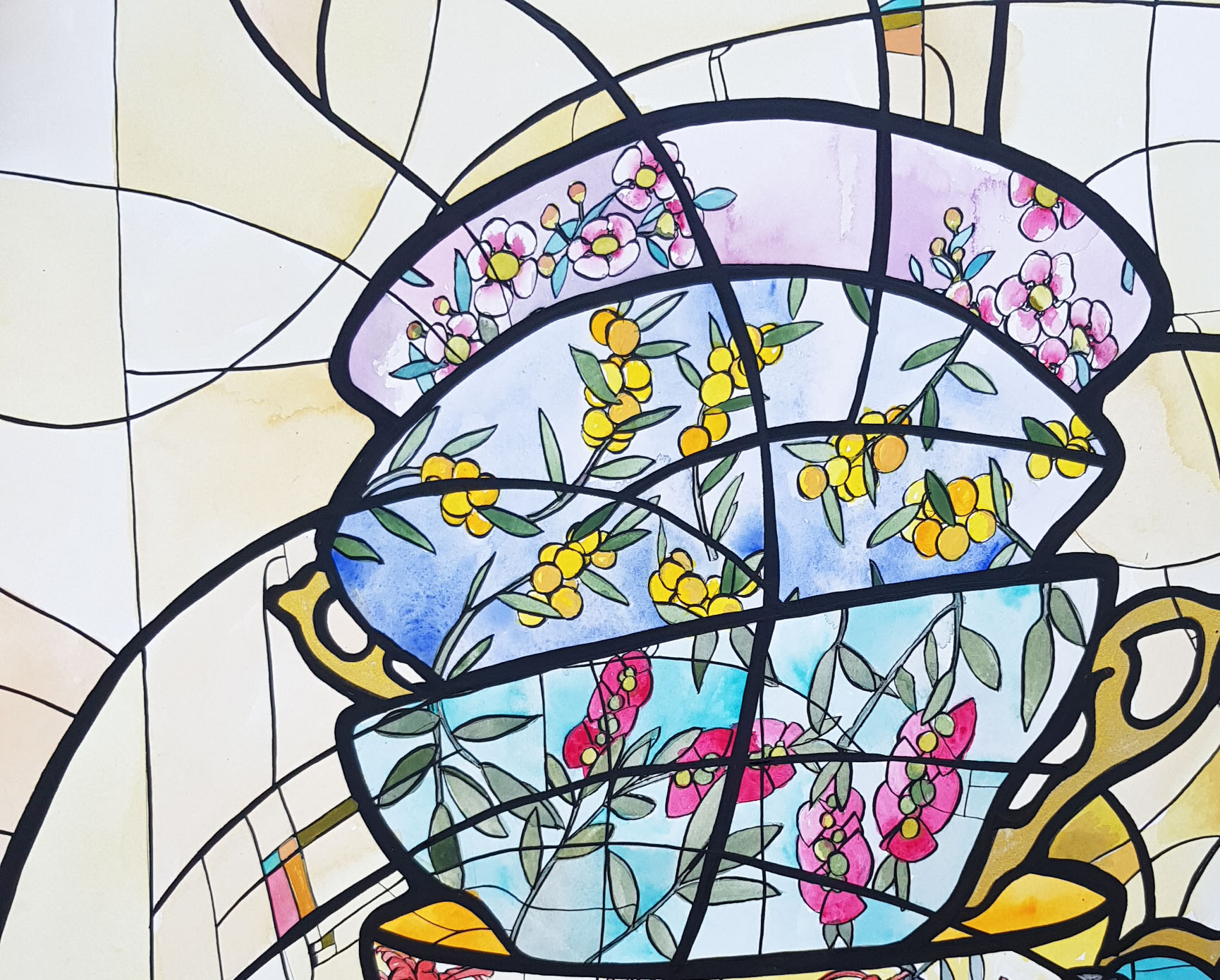 Crooked Cups By Nicola Cowie Watercolour And Ink