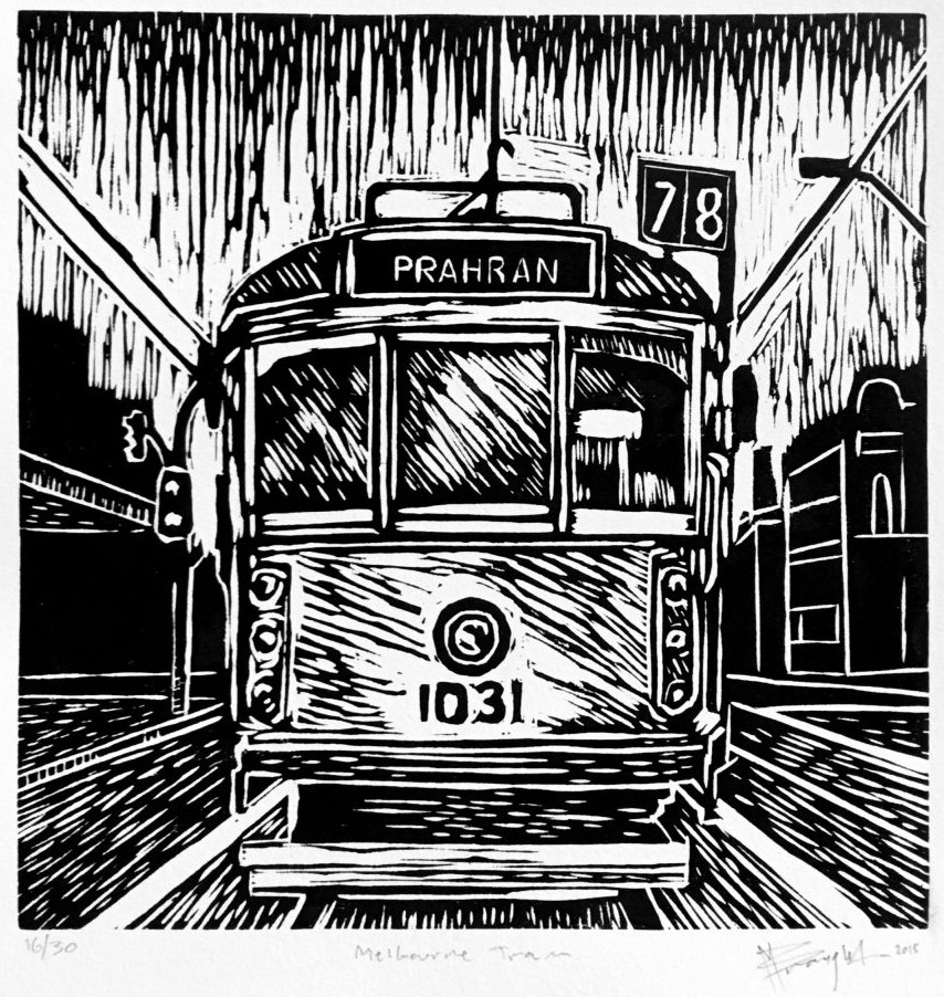 Melbourne Tram Lino Cut 1003x1024