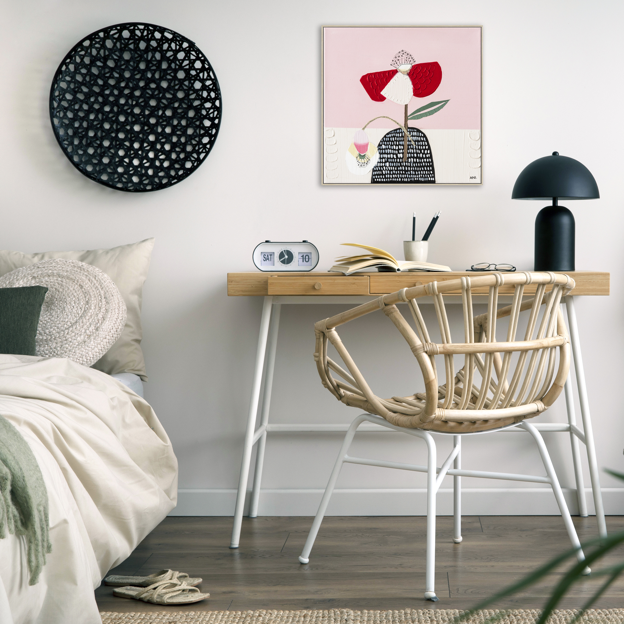 Interior Design Of Cozy Bedroom With Beige Bedding, Plants, Armc