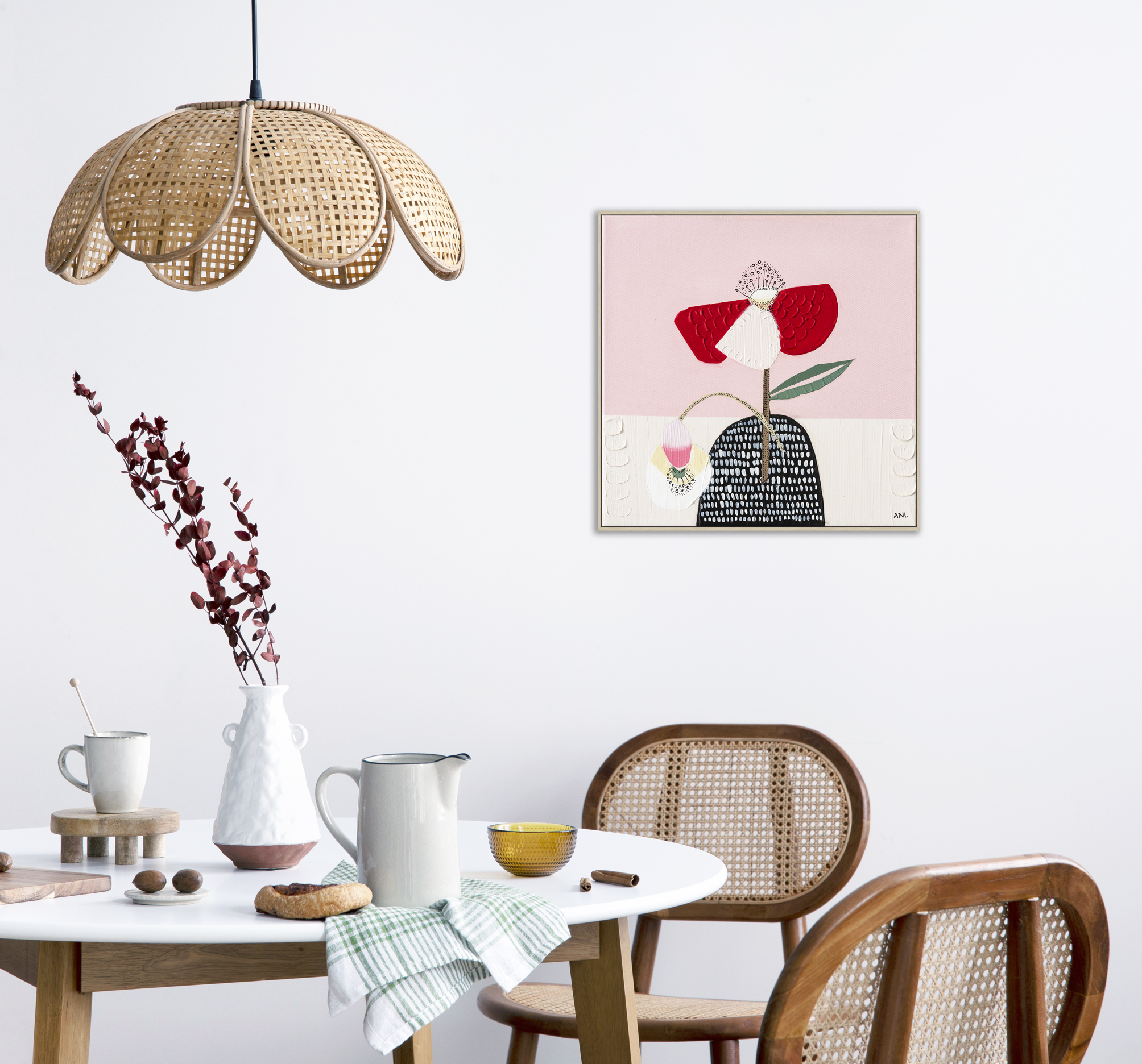 The Stylish Dining Room With Round Table, Rattan Chair, Lamp And