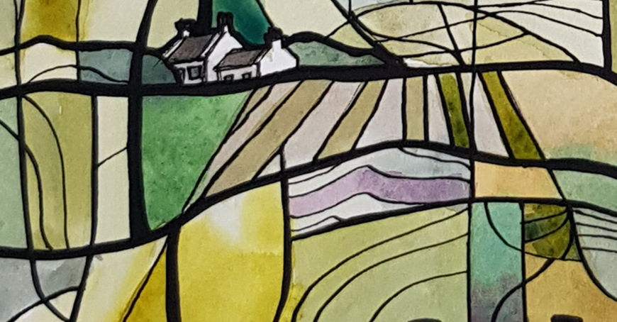 Seafront Cottages By Nicola Cowie Watercolour Hillside