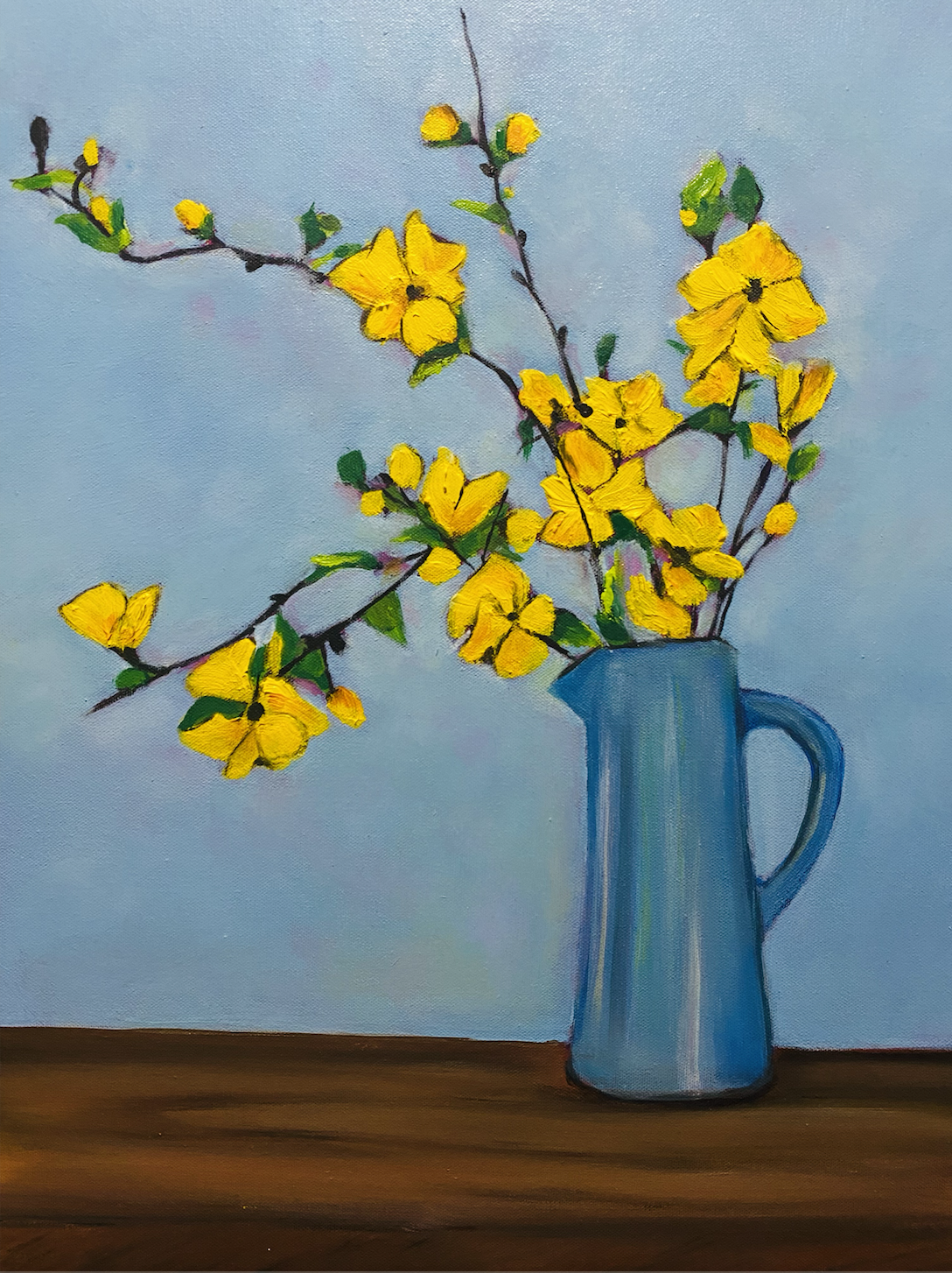 Serene Symphony: Acrylic Still Life Painting of Yellow Flower in Blue Vase  - Art Lovers Australia