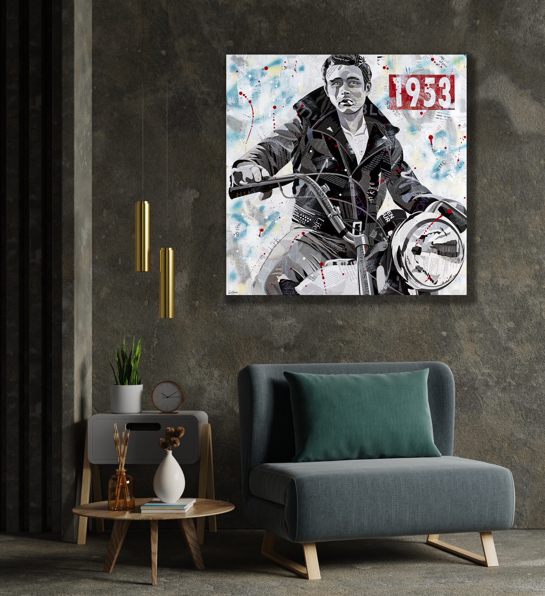 Living Room Interior Style Loft With Armchair On Empty Concrete Wall.