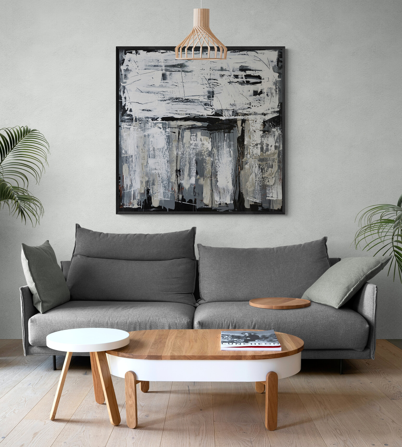 Living Room With Tropical Plants And Sofa