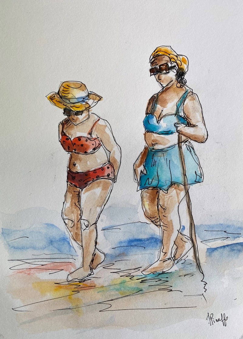 Ladies walking at the beach (Framed)