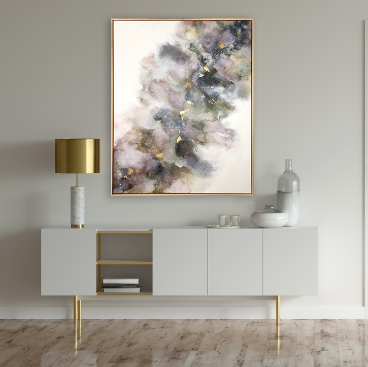 Mock Up Poster And A Cabinet With Lamp And Decor In Beige Interior With Open Door To Modern Bedroom.