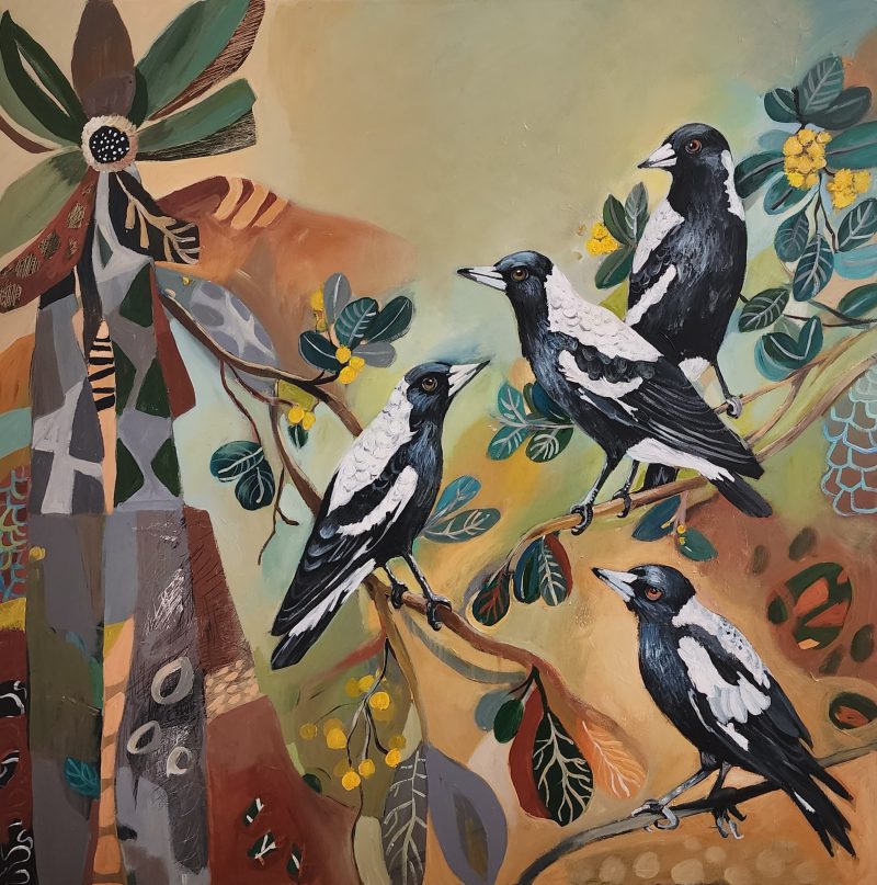 Magpies with Wattle