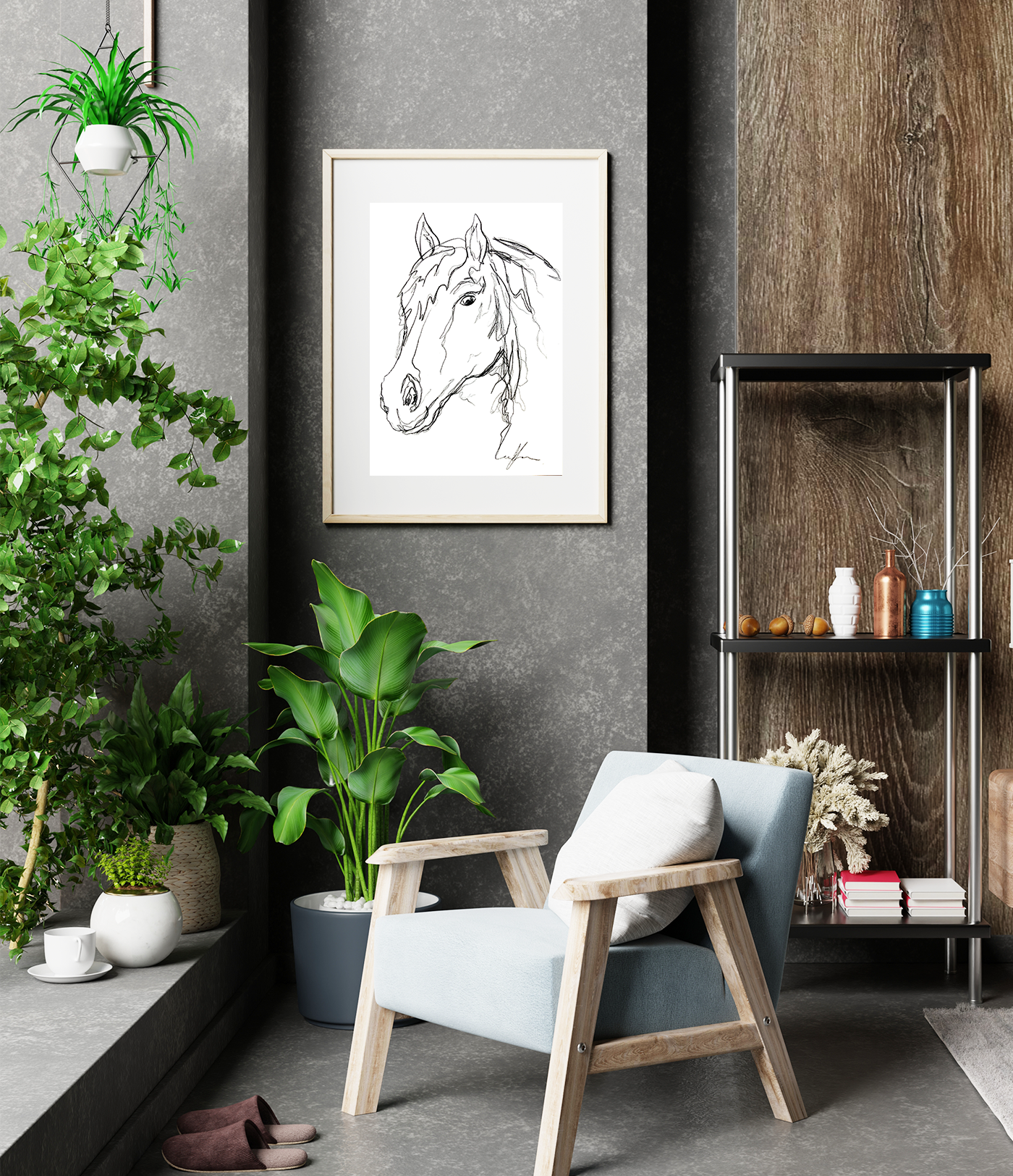 Sydney Artist Leni Kae Horse Line Art Charcoal Living Room Interior Design1