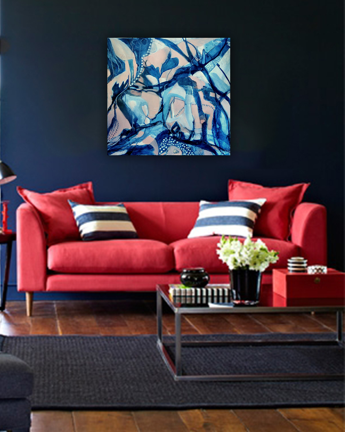 5 1375694153 Rich Blue Walls And Red Sofa With Dark Wood Floors Square 001