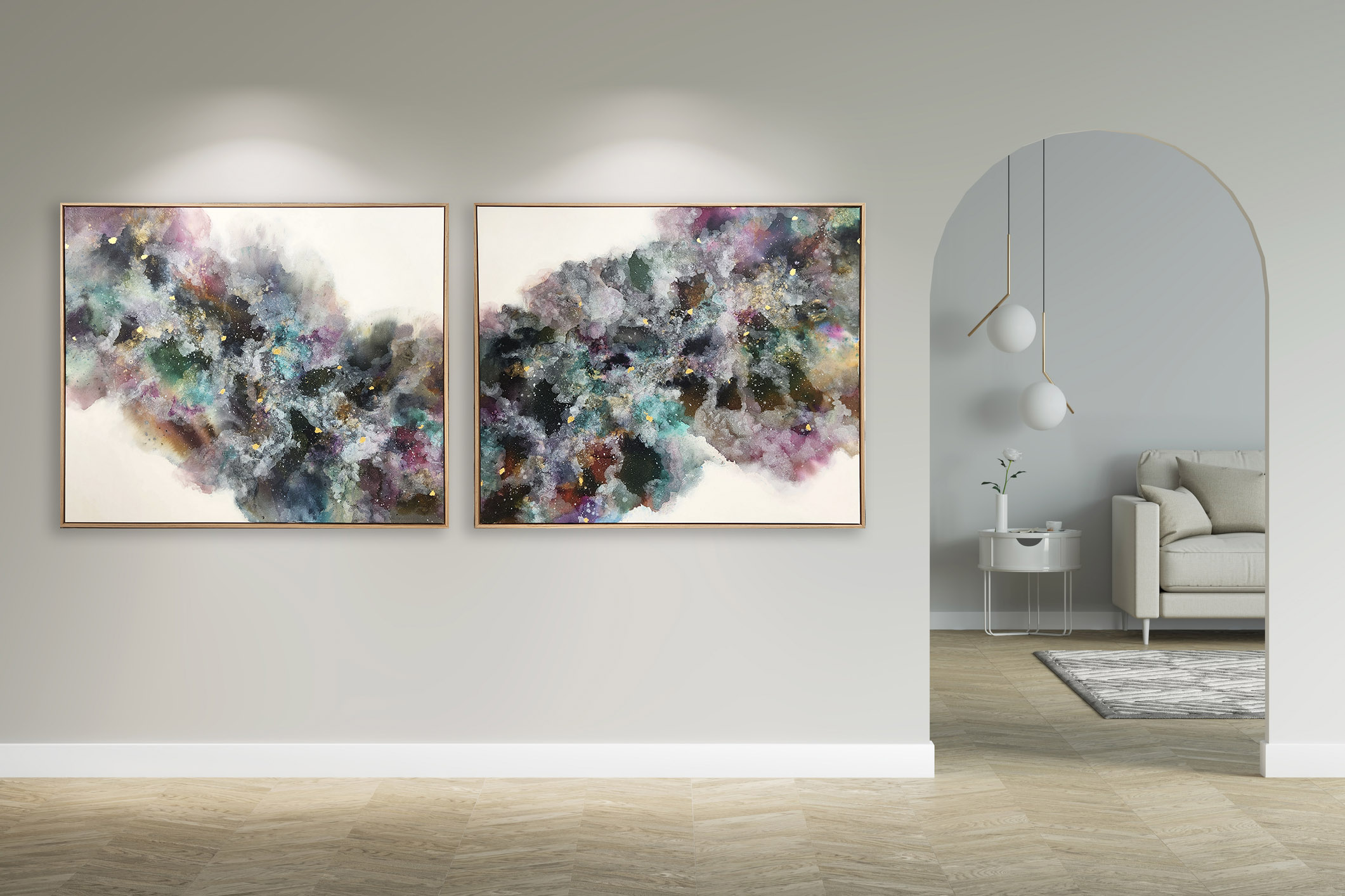 An Empty Bright Hall Overlooking The Living Room Through An Arch With A Blank Wall With Spotlight, Parquet Flooring. Front View.