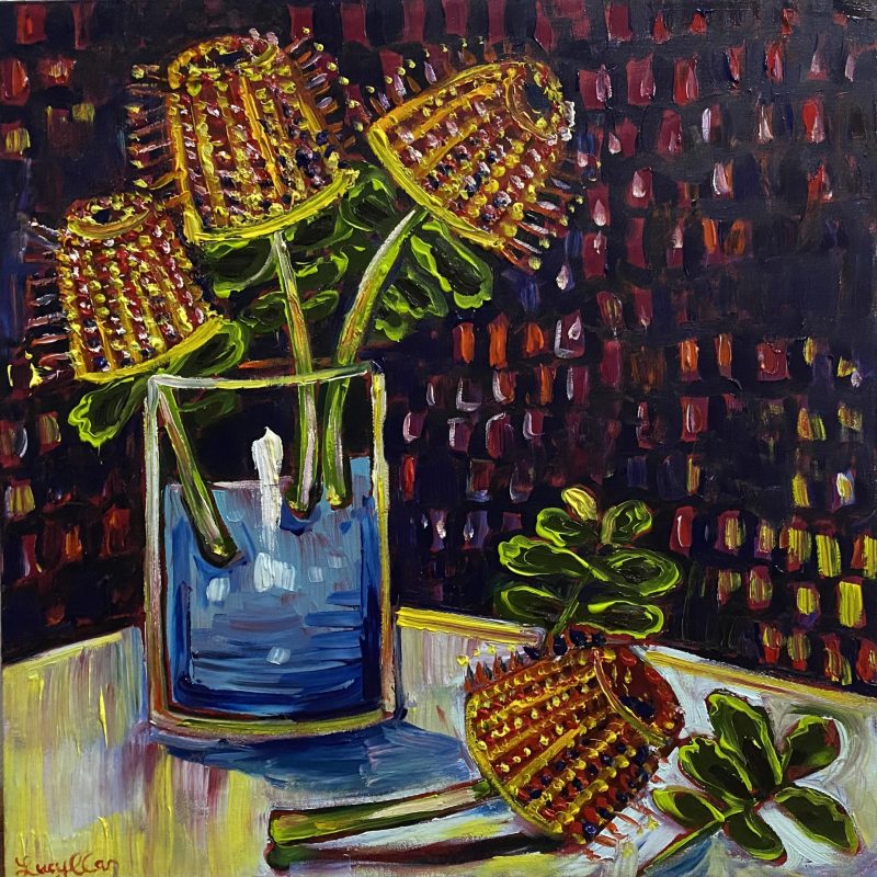 Three Banksias in a Glass Vase
