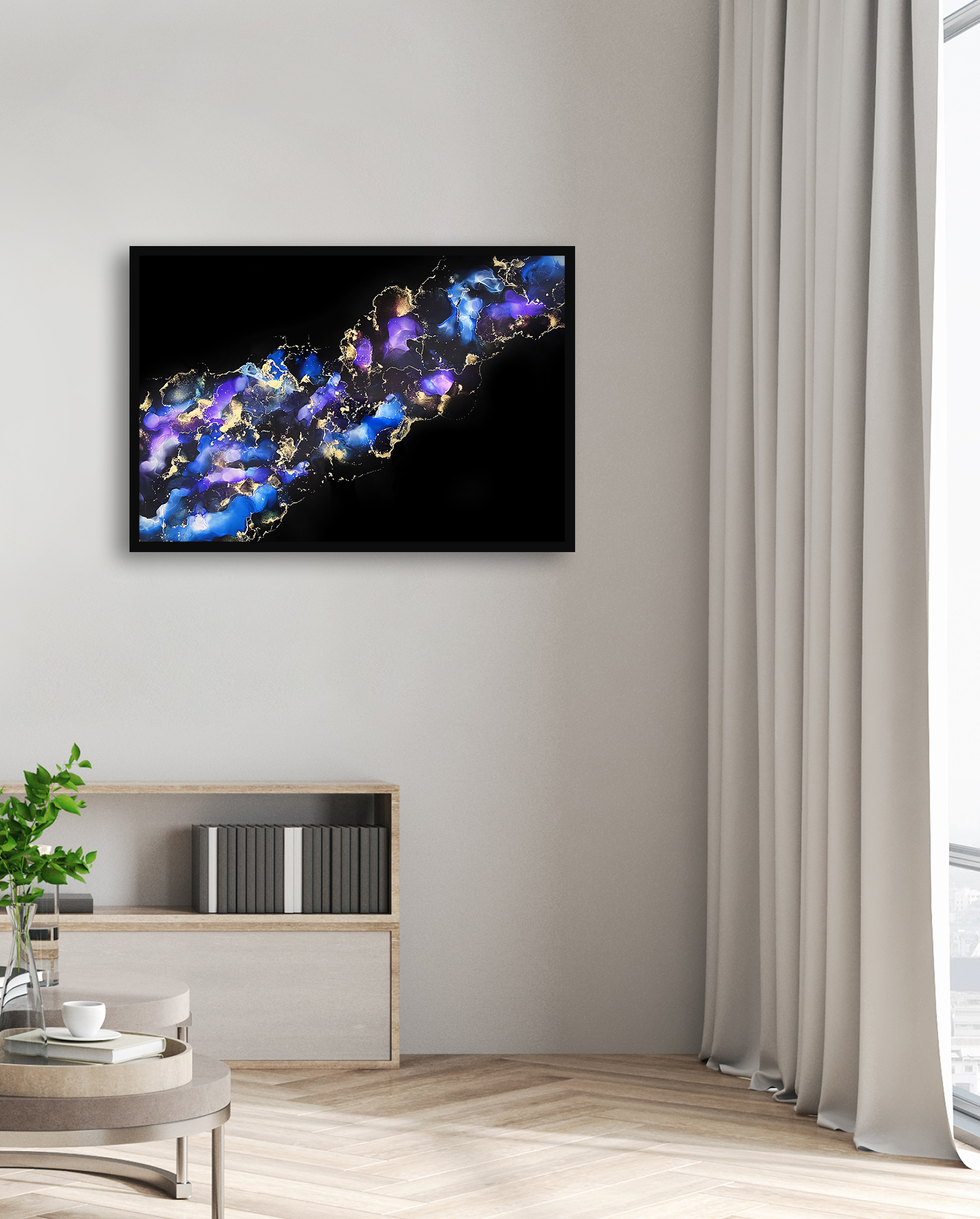 Luxury,restroom,with,gray,sofa,,city,view,and,blank,poster