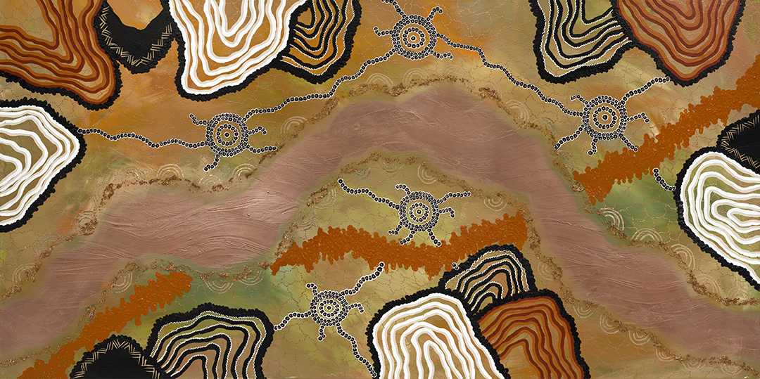 Simone Thomson Marrup Birrarung, Spirit River 183.1 X 91.5cm Acrylic Paint, Gold Leaf, Gold Flakes Canvas, Black American Ash Frame (1)