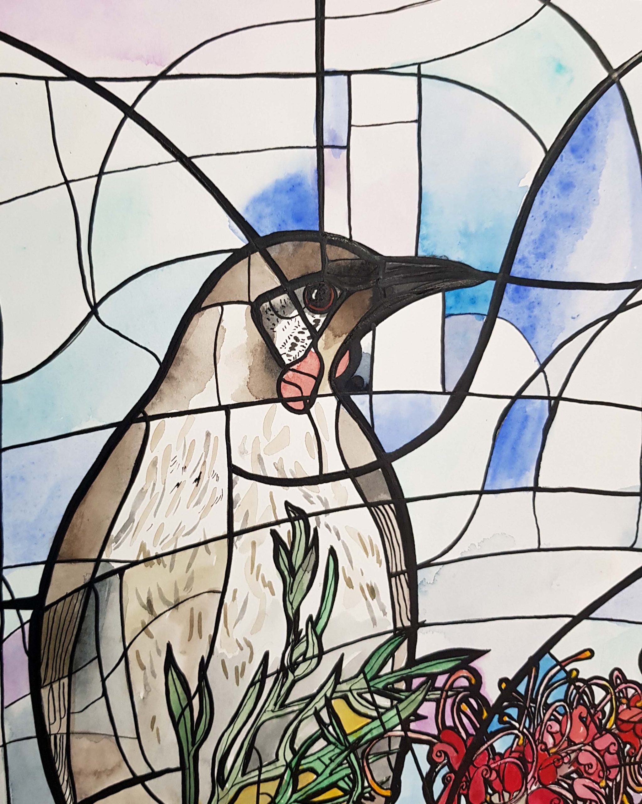 Pink Nectar By Nicola Cowie Watercolour Wattlebird