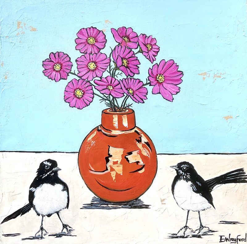 Willy wagtails and the Cosmos flowers