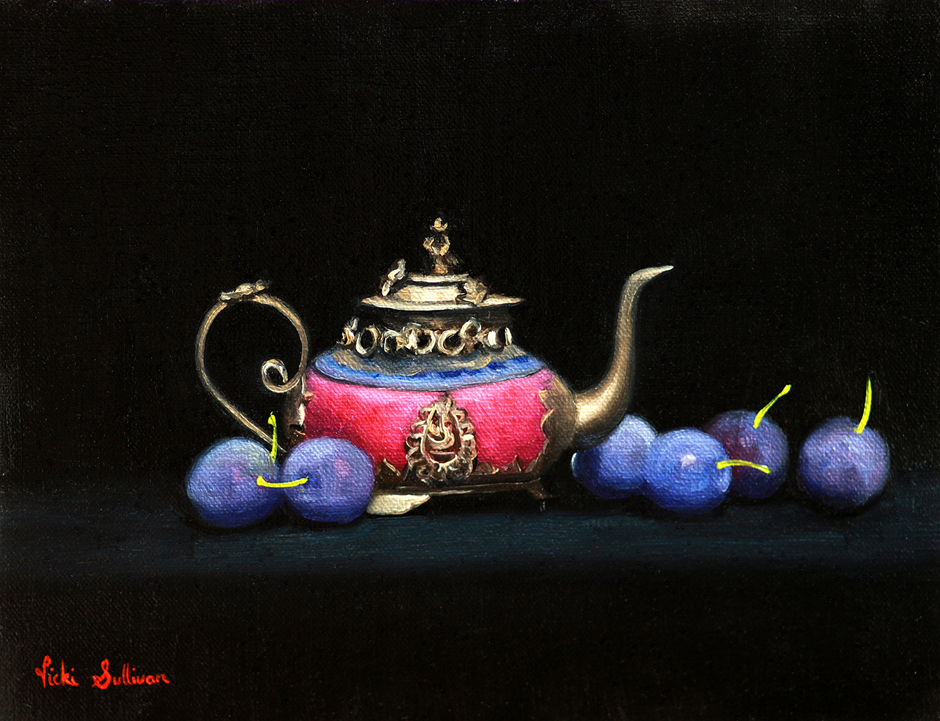 Pink teapot with Blue Plums Art Lovers Australia