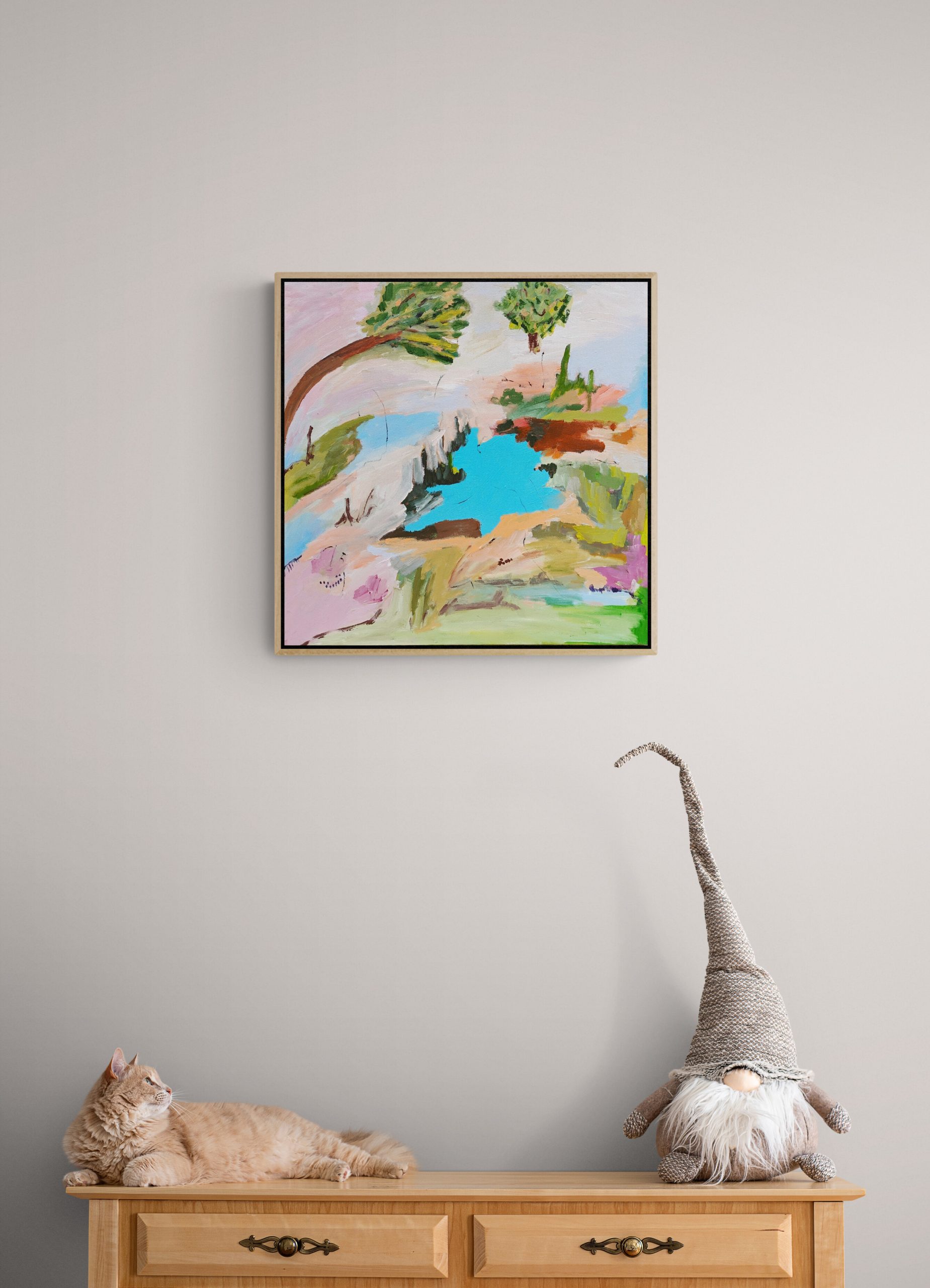 Cat And Gnome Sitting On Cabinet (1)