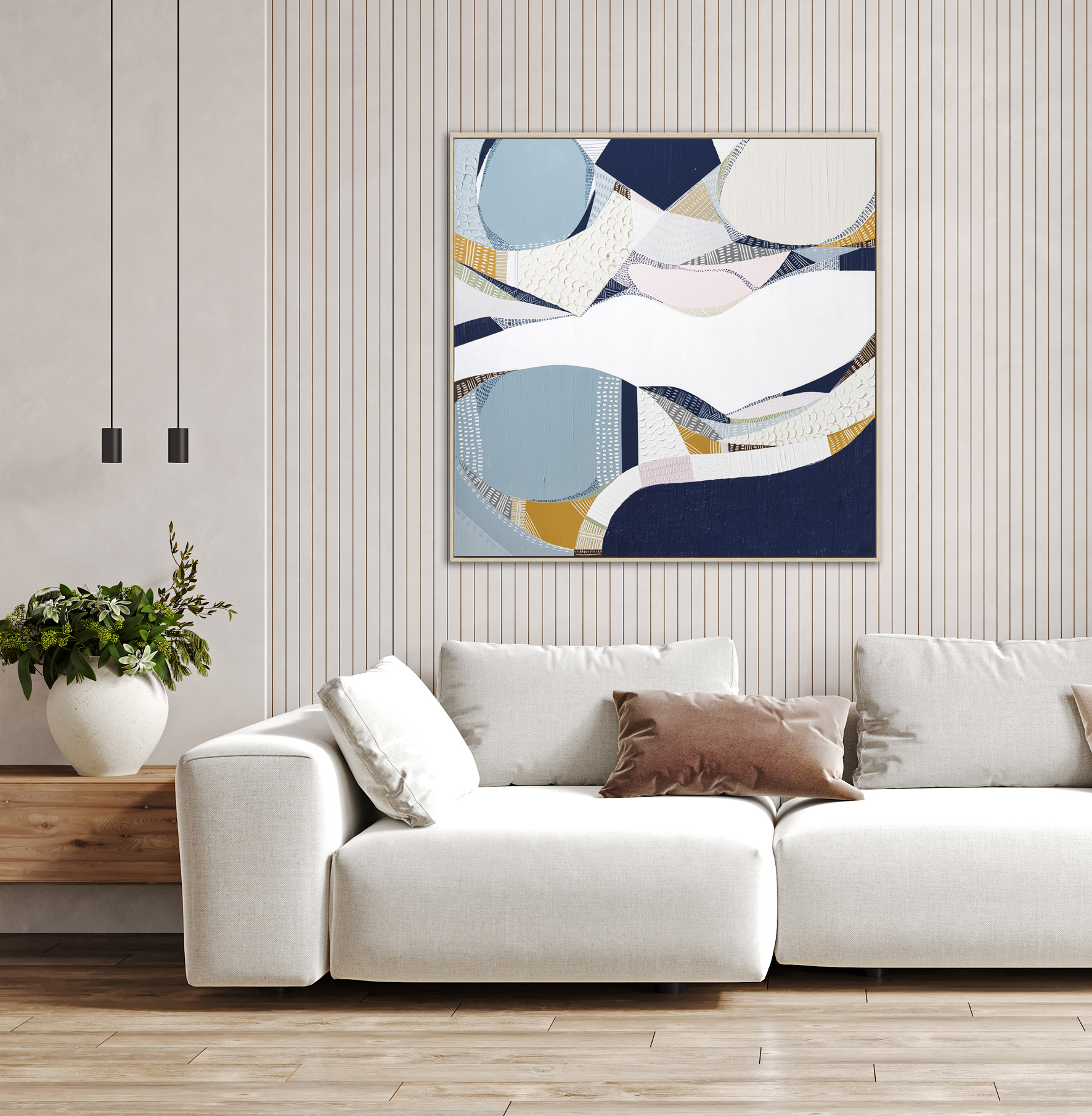 Cozy Living Room Interior With Couch, Paneled Wall And Sideboard