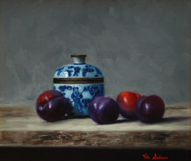 Blue plums and Chinese lidded Bowl