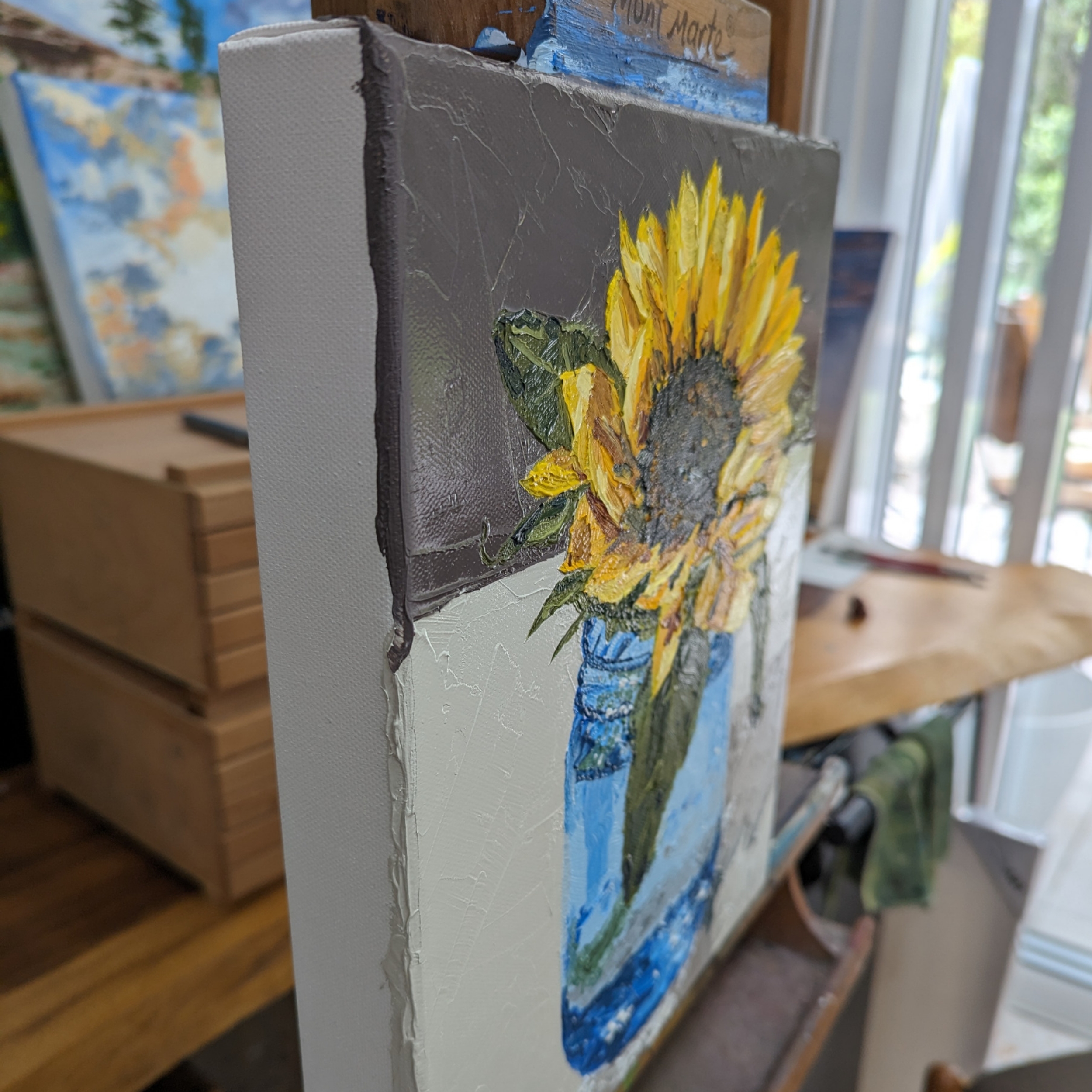 Sam Askin Sunflower In Blue Jar Side