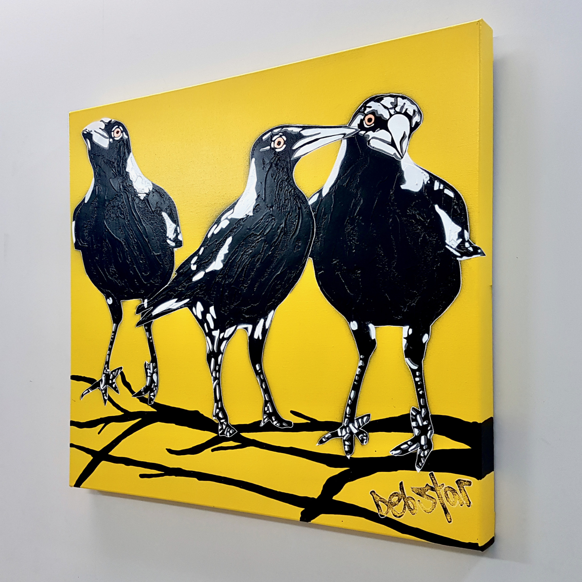 Magpies 3's Trouble Yellow Pop Popart Deborah Lang Art Urban Canvas 3