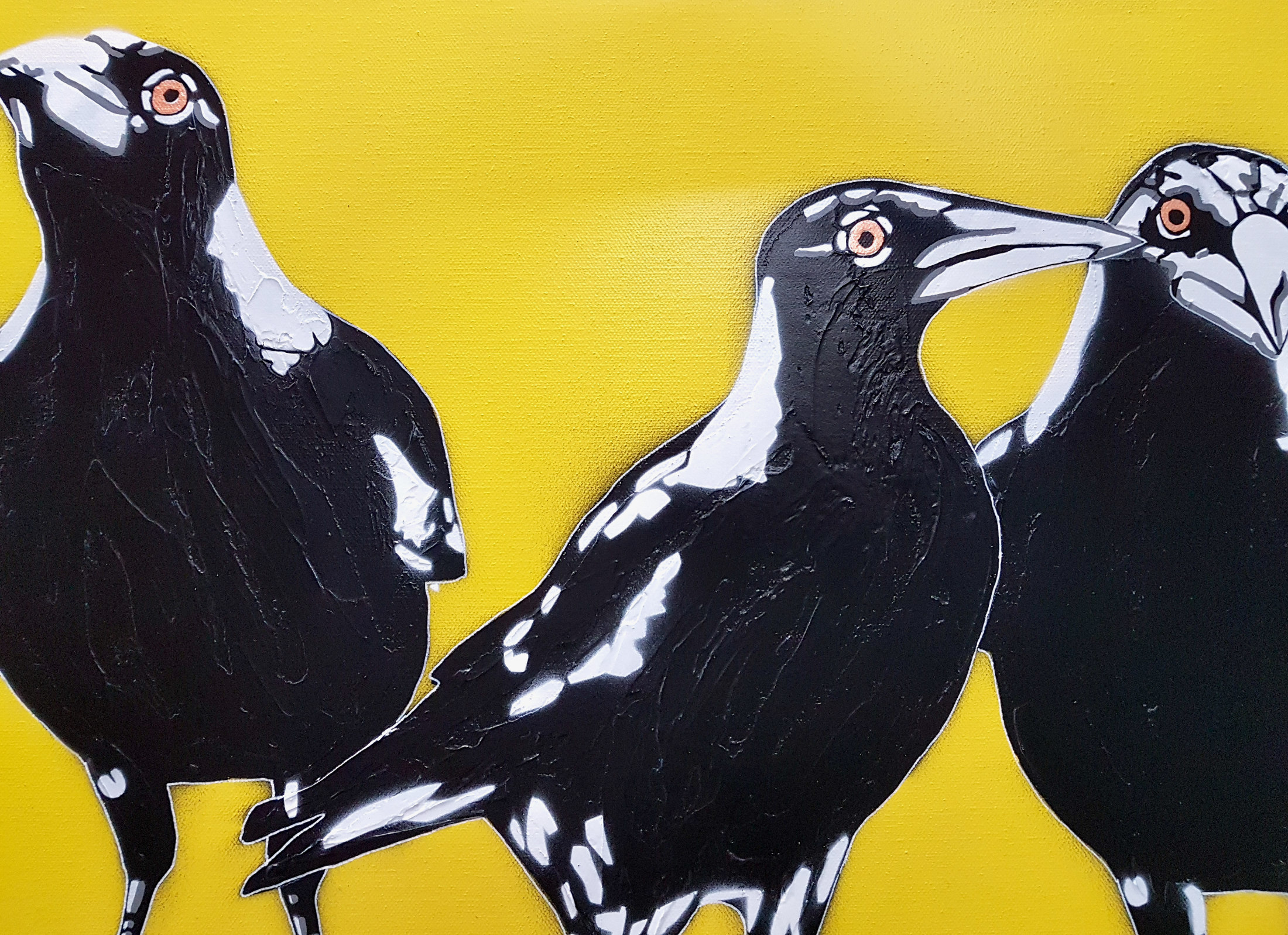 Magpies 3's Trouble Yellow Pop Popart Deborah Lang Art Urban Canvas 4