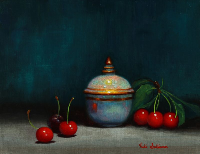 Pearlescent pot with cherries