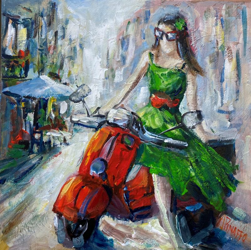 Red Vespa and lady in green (Framed)