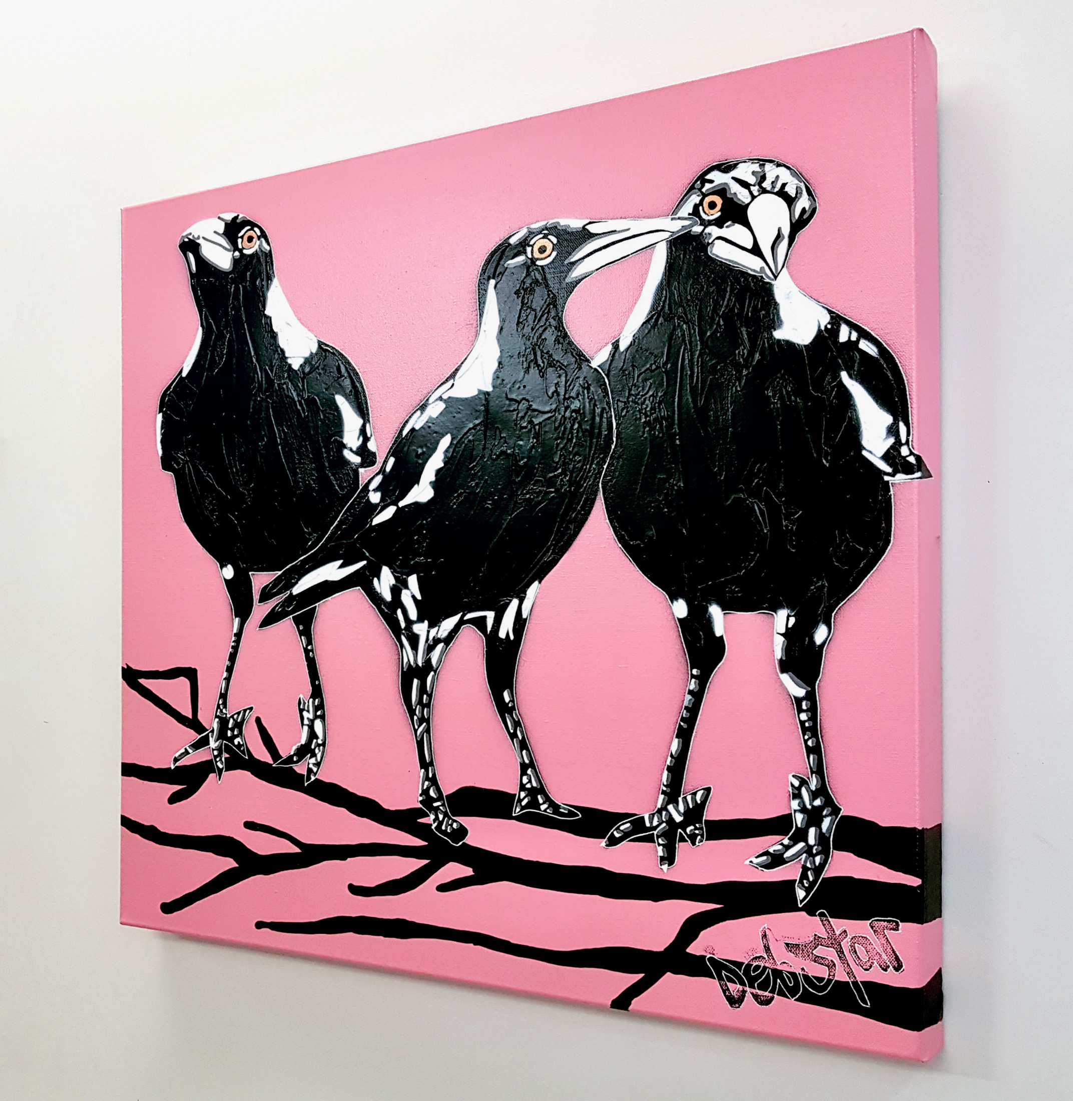 Magpies 3's Trouble Pink Pop Popart Deborah Lang Art Urban Canvas 3