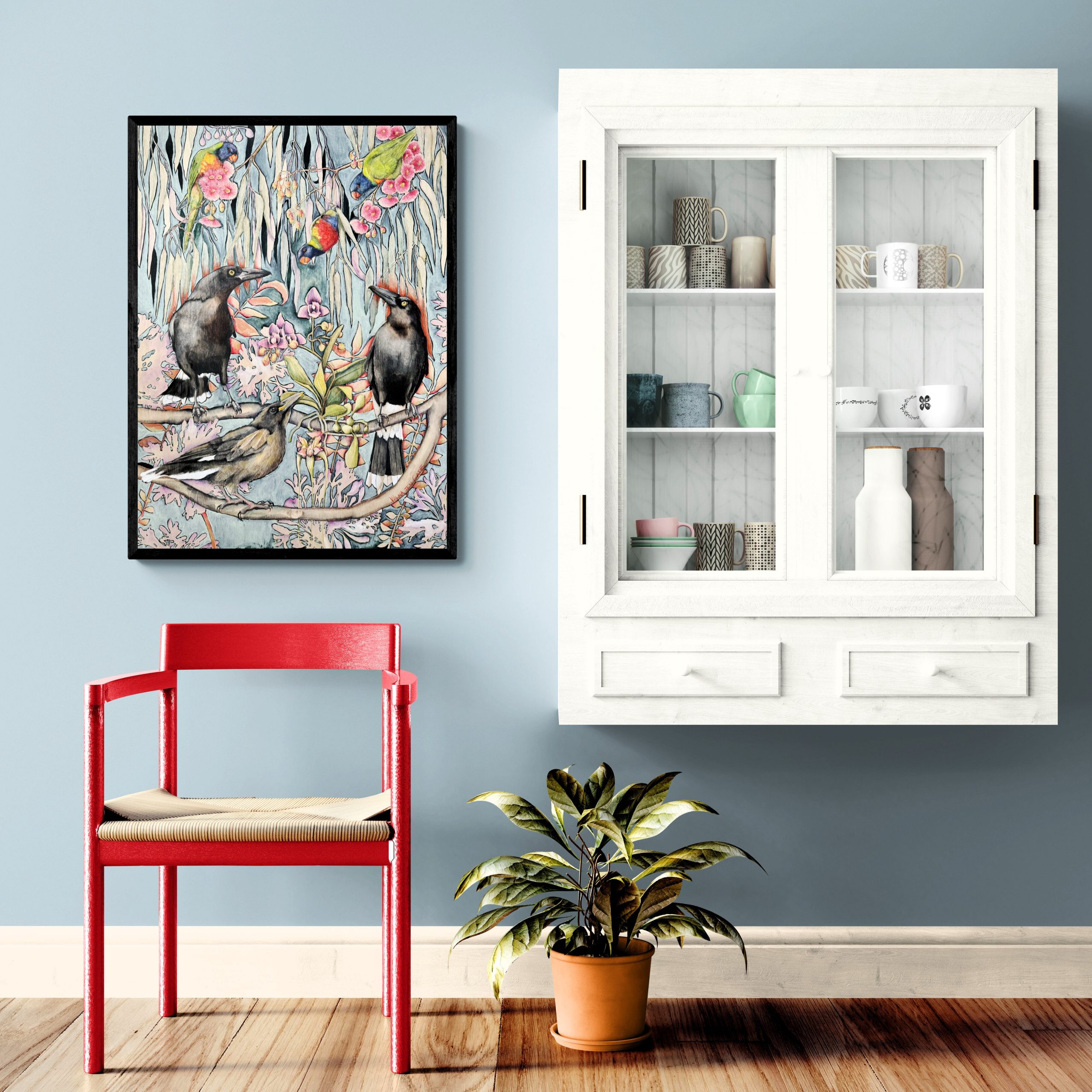 Wooden Chair Next To Display Cabinet