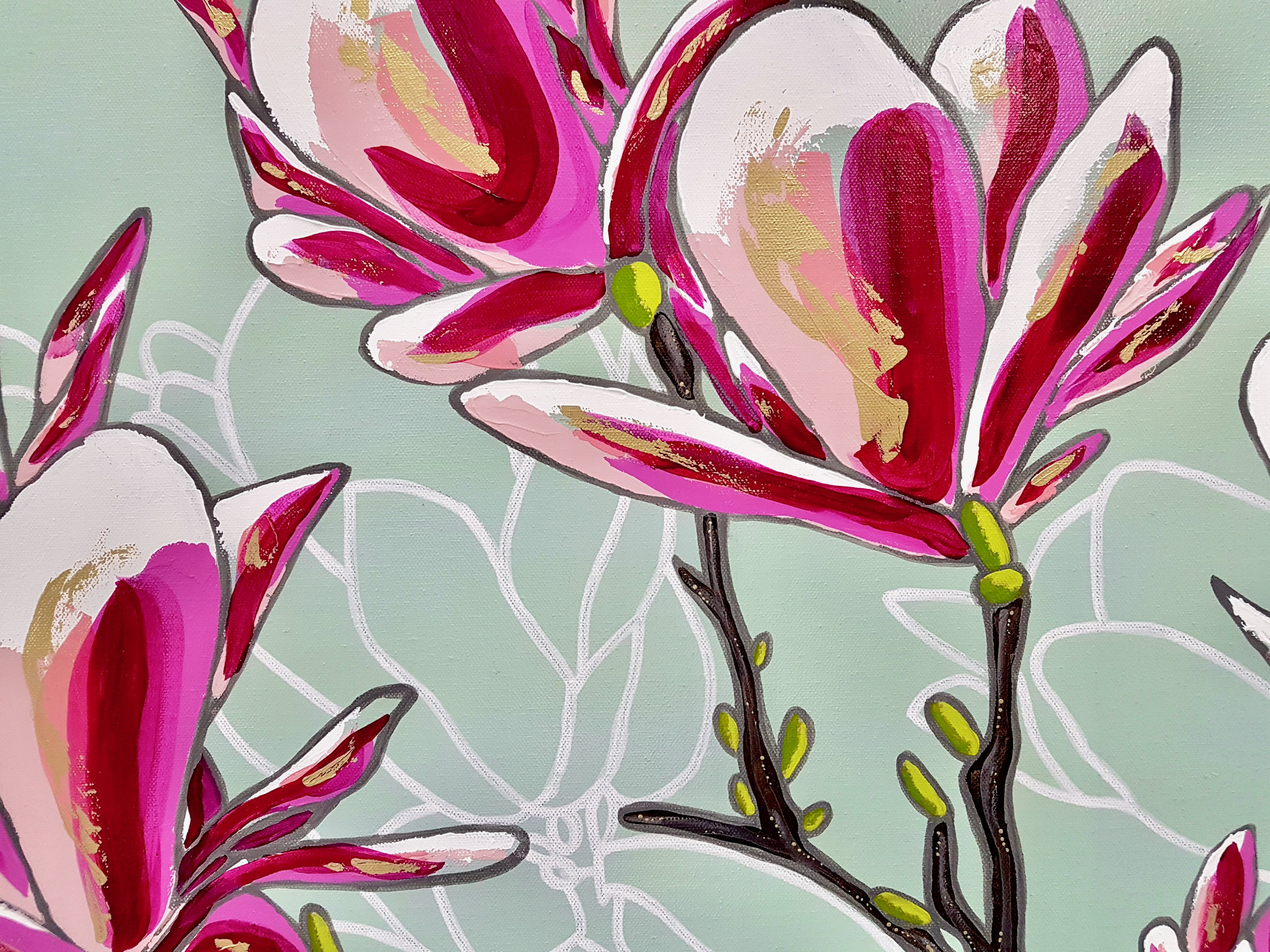 Duck Egg Blue Magnolias Songbird Designz Deborah Lang Blooms Oversize Floral Botanicals Canvas Textured Wall Art Contemporary Hamptons Style 5