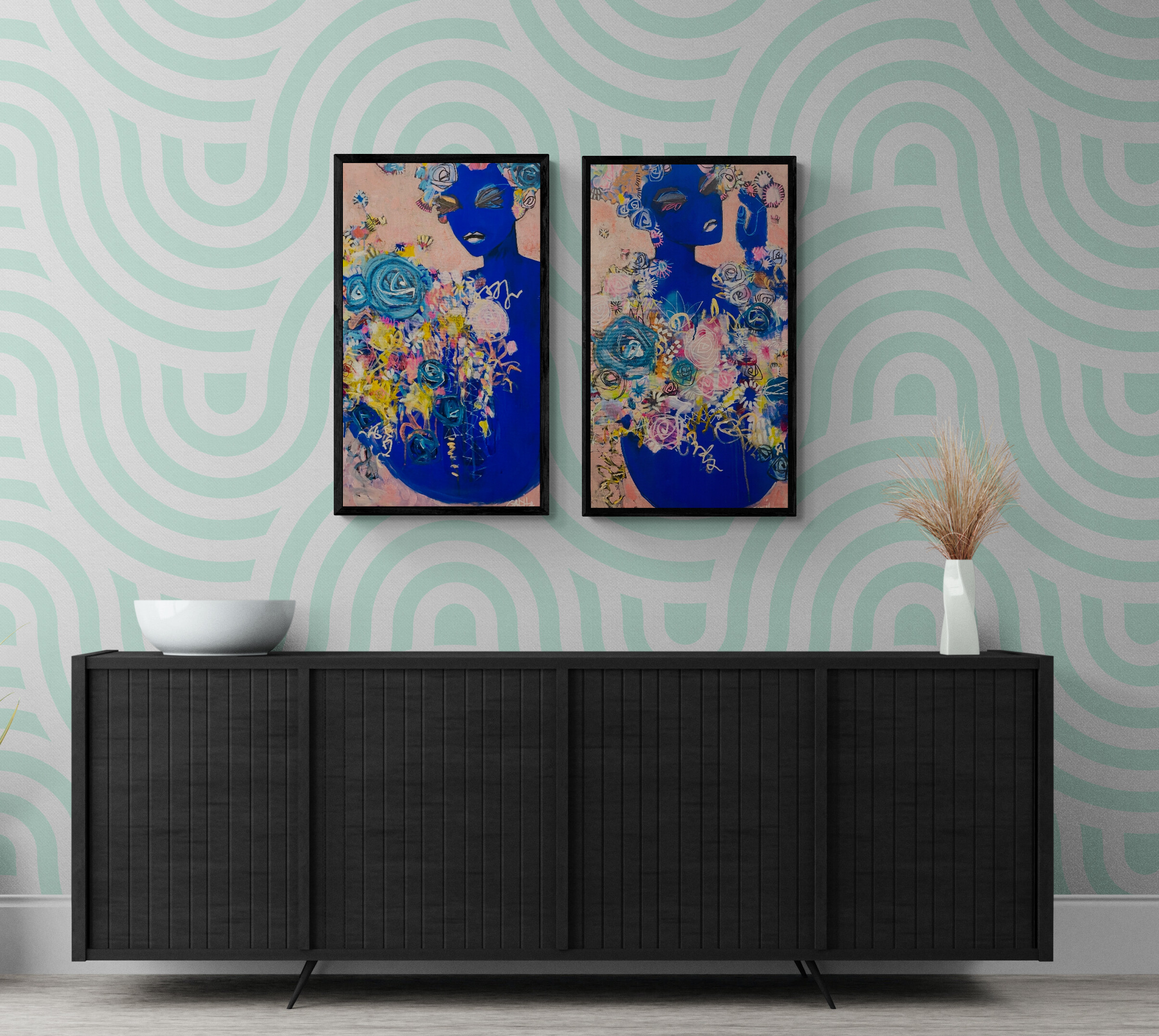 Carita Farrer Spencer Nouveau Blue Duo Each Panel 80 X 46cm Insitu Sideboard