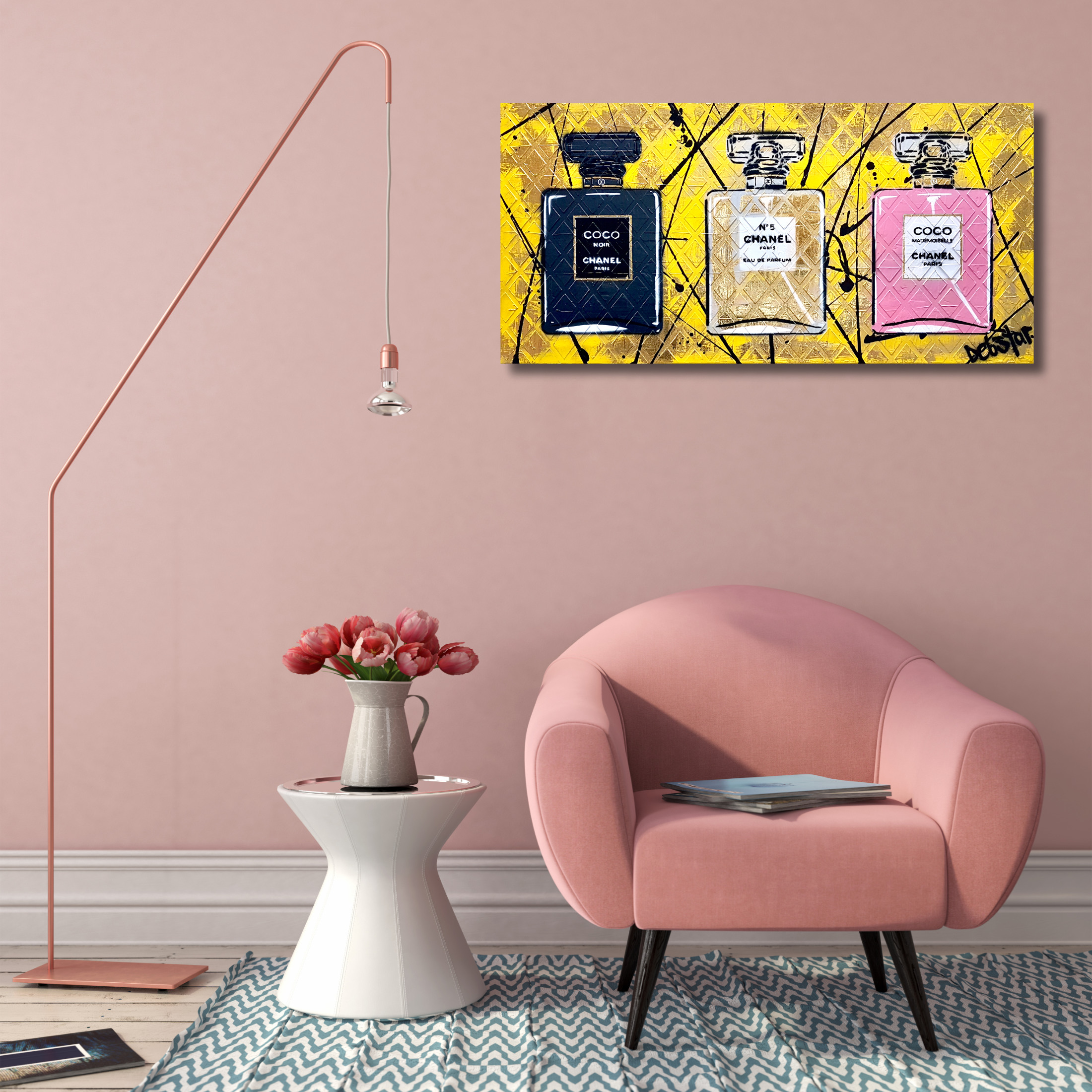 Interior With Pink Chair And Stylish Floor Lamp