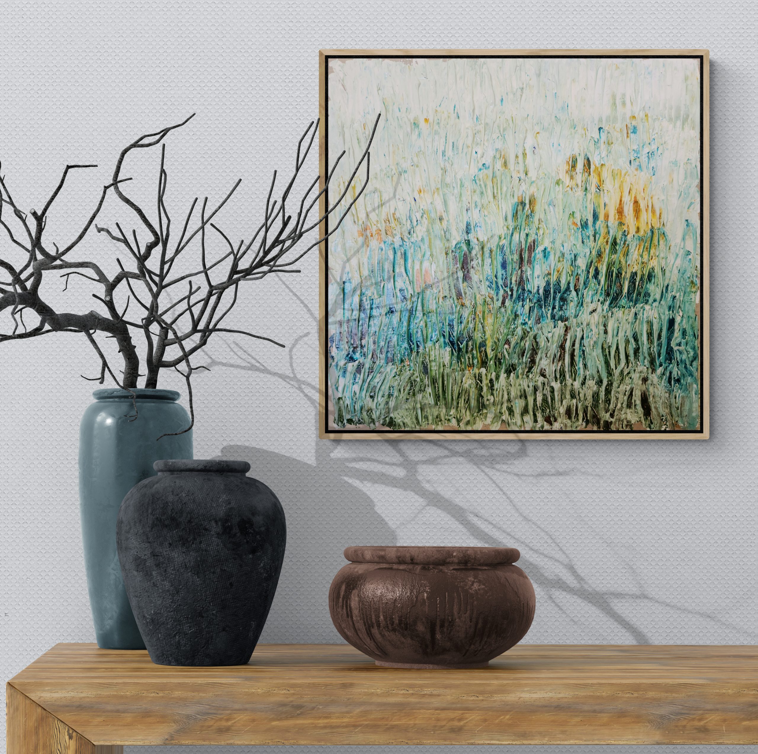 Ceramic Urns On Wooden Bench (3)