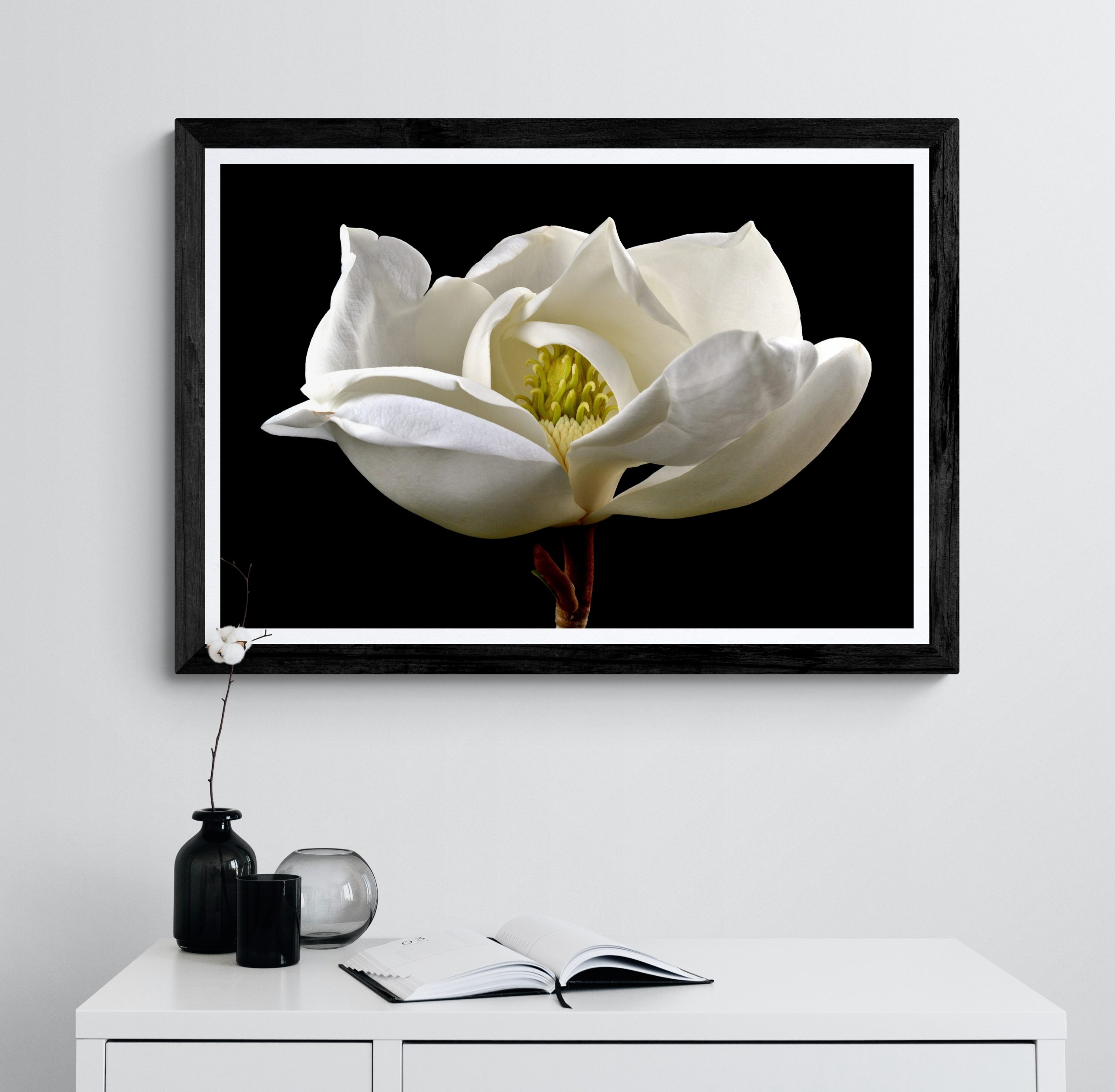 White Cabinet With Vases And Cotton Flower (6)