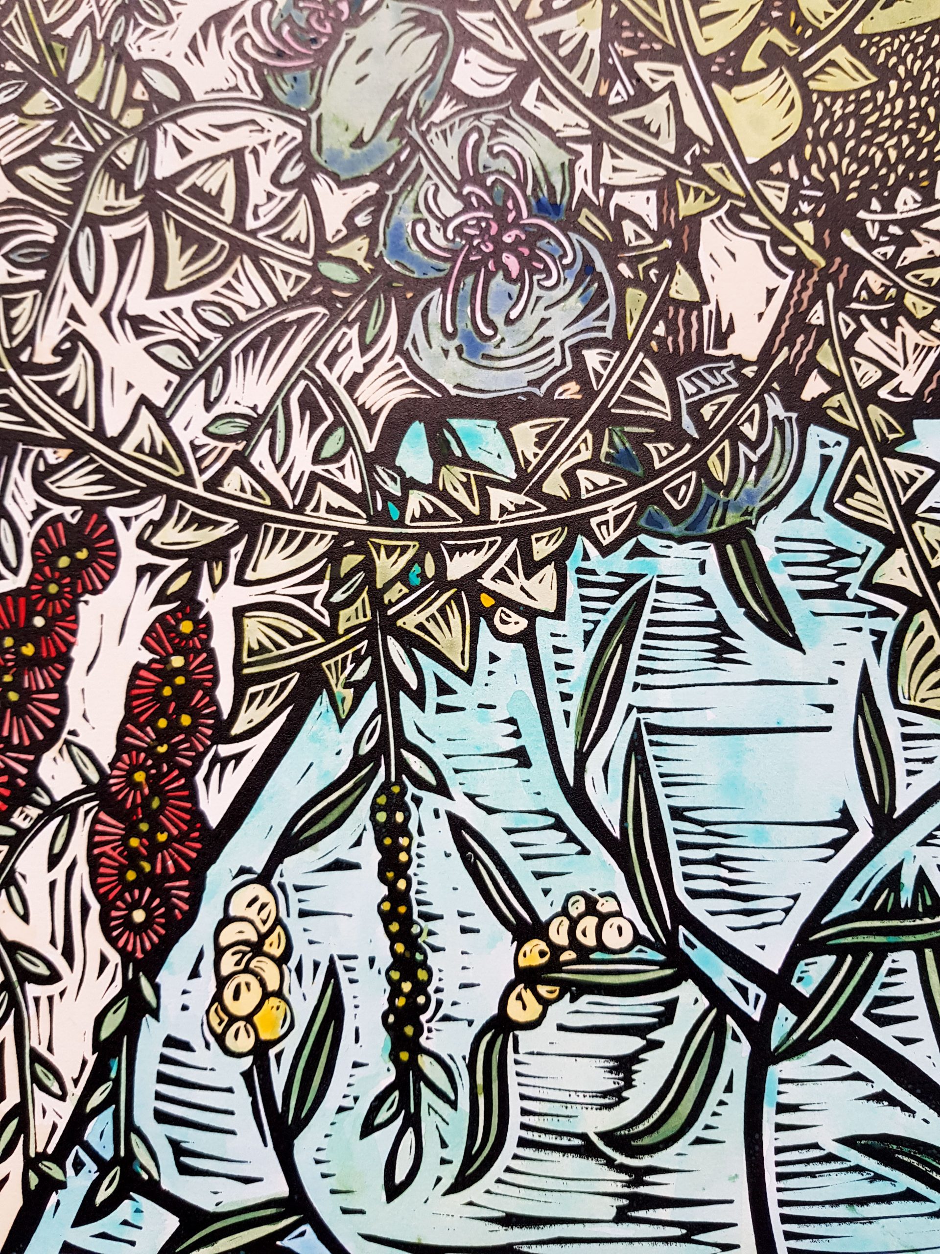 Wattle Vase 1 Of 5 By Nicola Cowie Linoprint