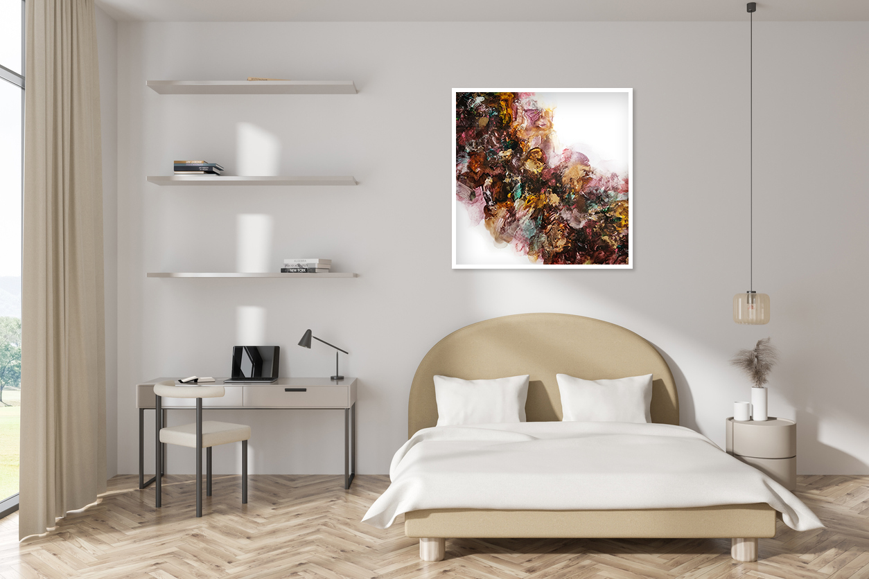 Light Studio Interior, Bed And Desk With Laptop, Shelf And Window. Mockup Wall