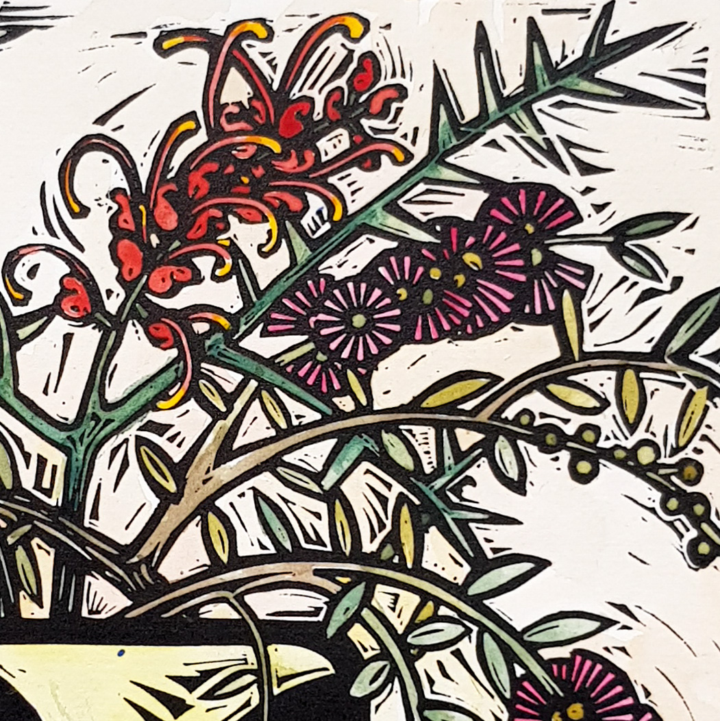 Retro Vase 2 By Nicola Cowie Linocut Grevillea