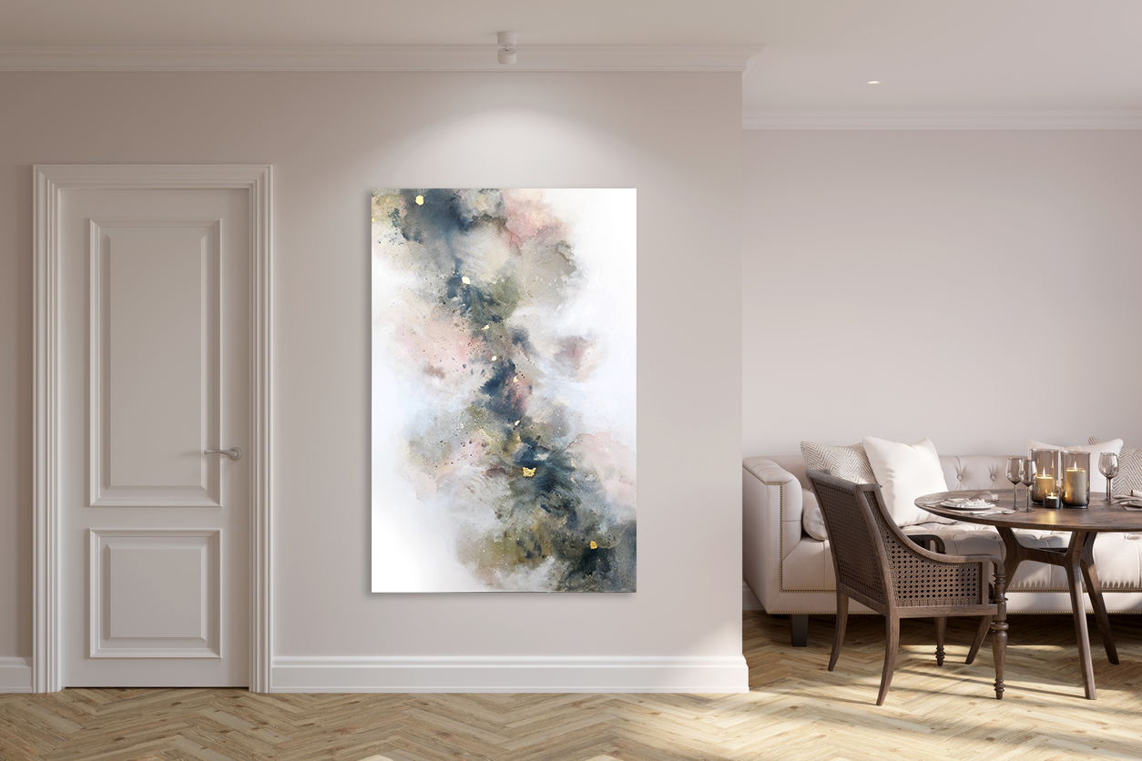 A Light Beige Room In A Modern Classic Style With A Blank Spotlit Wall Next To The Door, Wooden Chairs Next To A Round Served Table, A Sofa With Cushions, Parquet Floor. Front View.