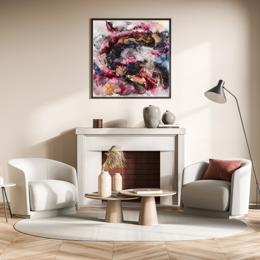 Square Poster In Beige Living Room With Fireplace